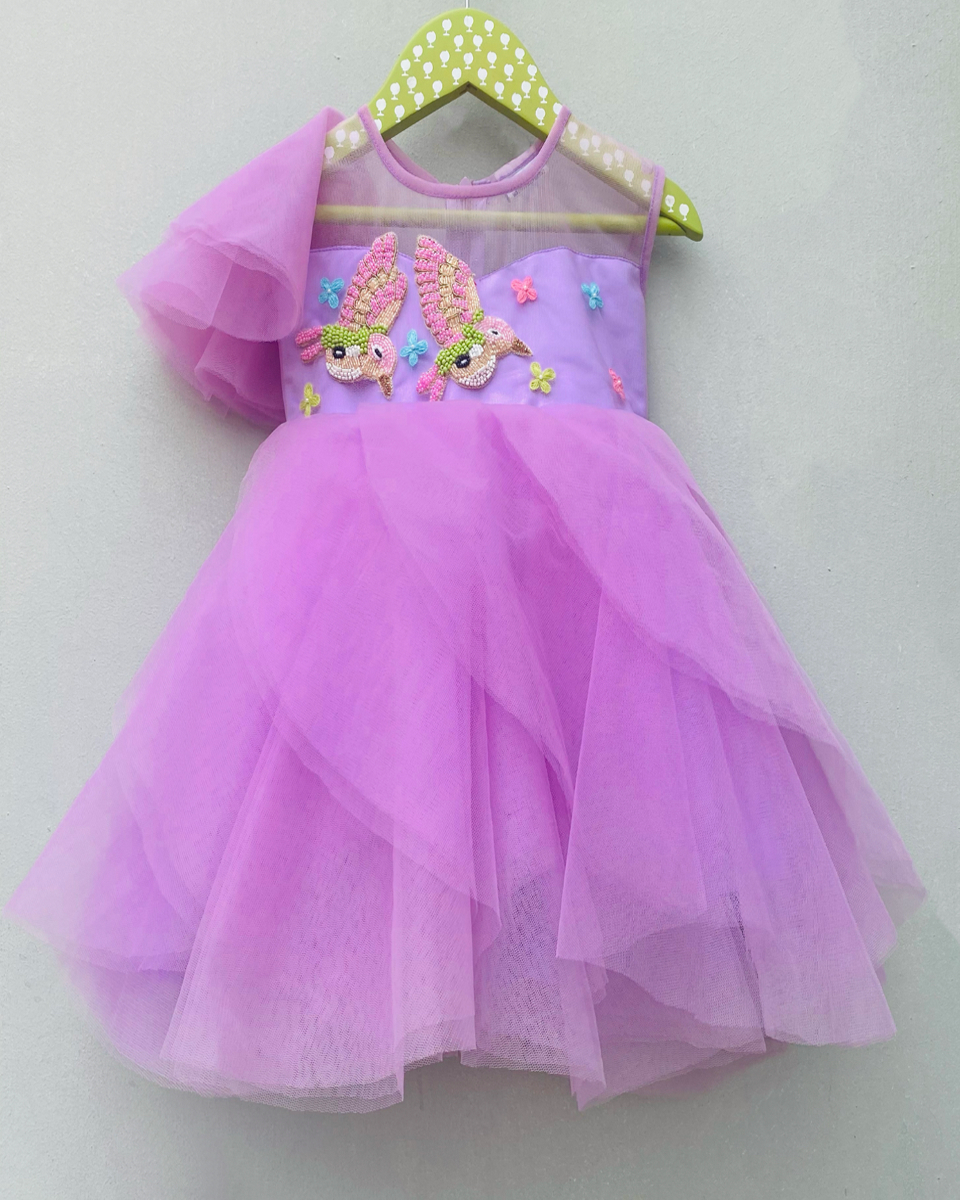 Pre Order: Elegant Lilac Bird Print Dress for Women | Floral Summer Dress for Casual Wear, Parties & Special Occasions