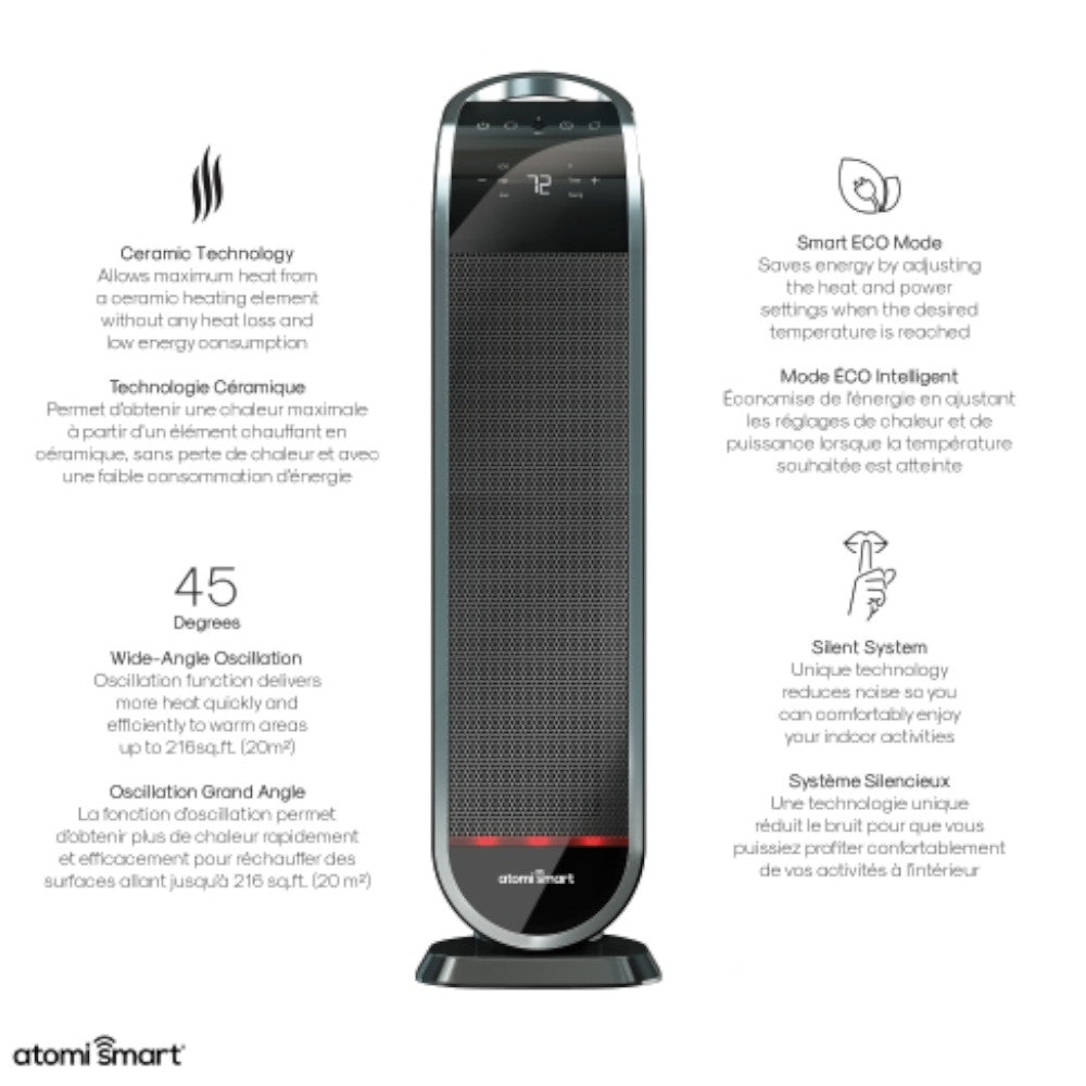 ATOMI AT1513 Smart WiFi Ceramic Tower Heater with Remote Control - 1500W Fast Heating, Energy Efficient, Quiet Operation for Home & Office - Blemished Package - Perfect for Bedroom, Living Room & Workspace
