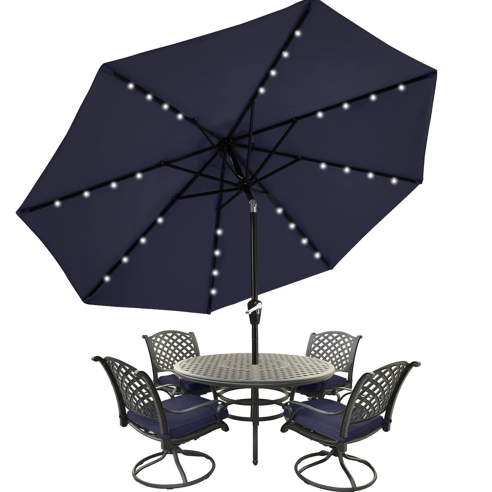MASTERCANOPY 11ft Navy Blue Patio Umbrella with 32 Solar LED Lights - 8 Ribs Outdoor Market Umbrella for Garden, Poolside, Beach, and Backyard Relaxation