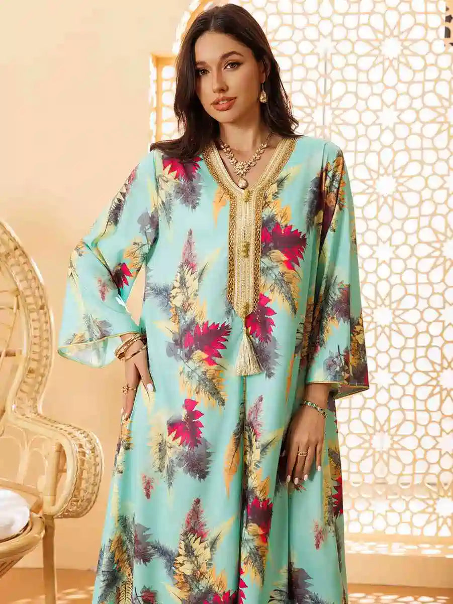Elegant Hotfix Rhinestone Printed Eid Caftan Dress for Women - Perfect for Eid Celebrations, Weddings & Special Occasions