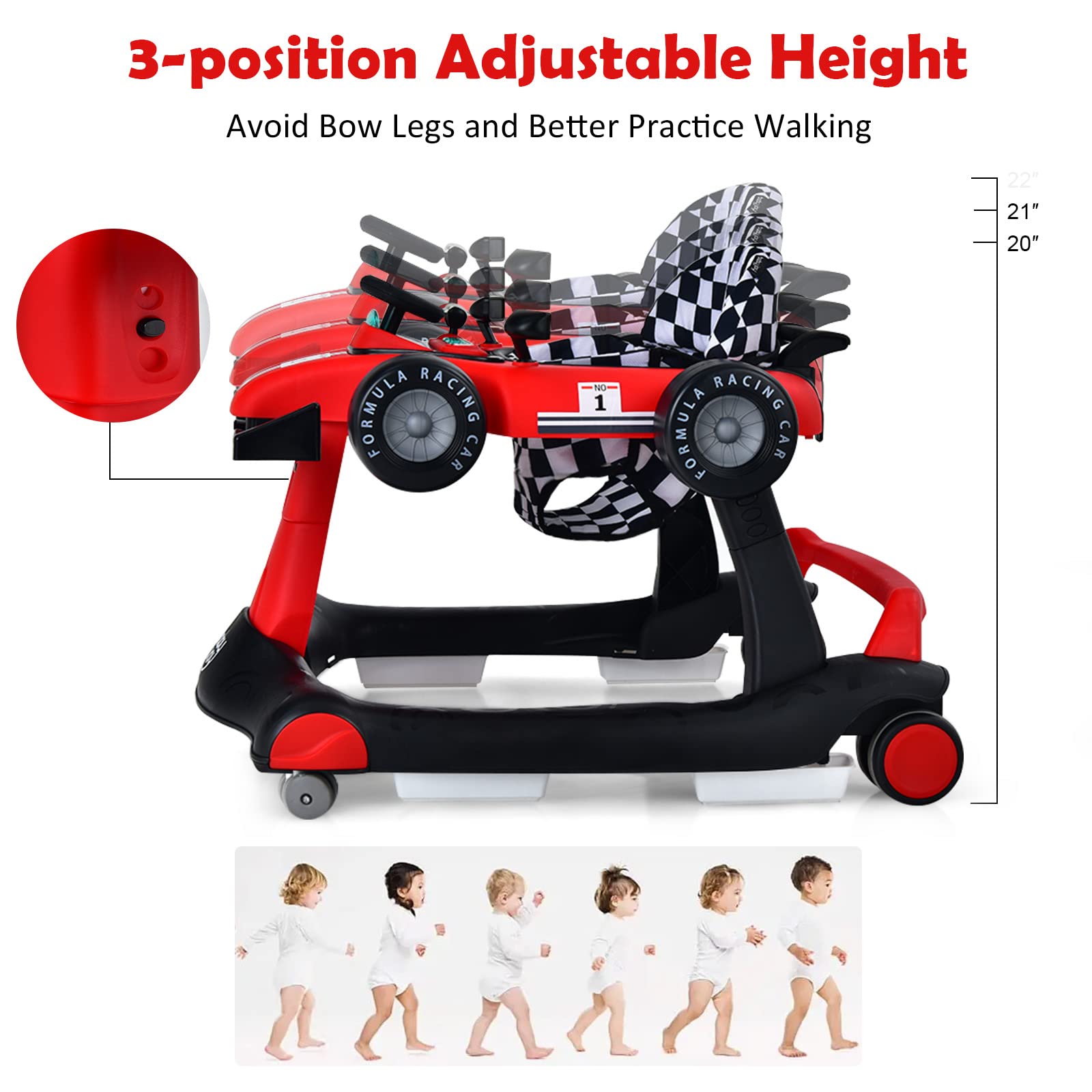 HONEY JOY 4-in-1 Baby Activity Walker with Adjustable Height & Speed - Foldable Push Walker with Music, Lights & Padded Seat for Infants 6-18 Months - Perfect for Learning to Walk & Indoor Play (Red)