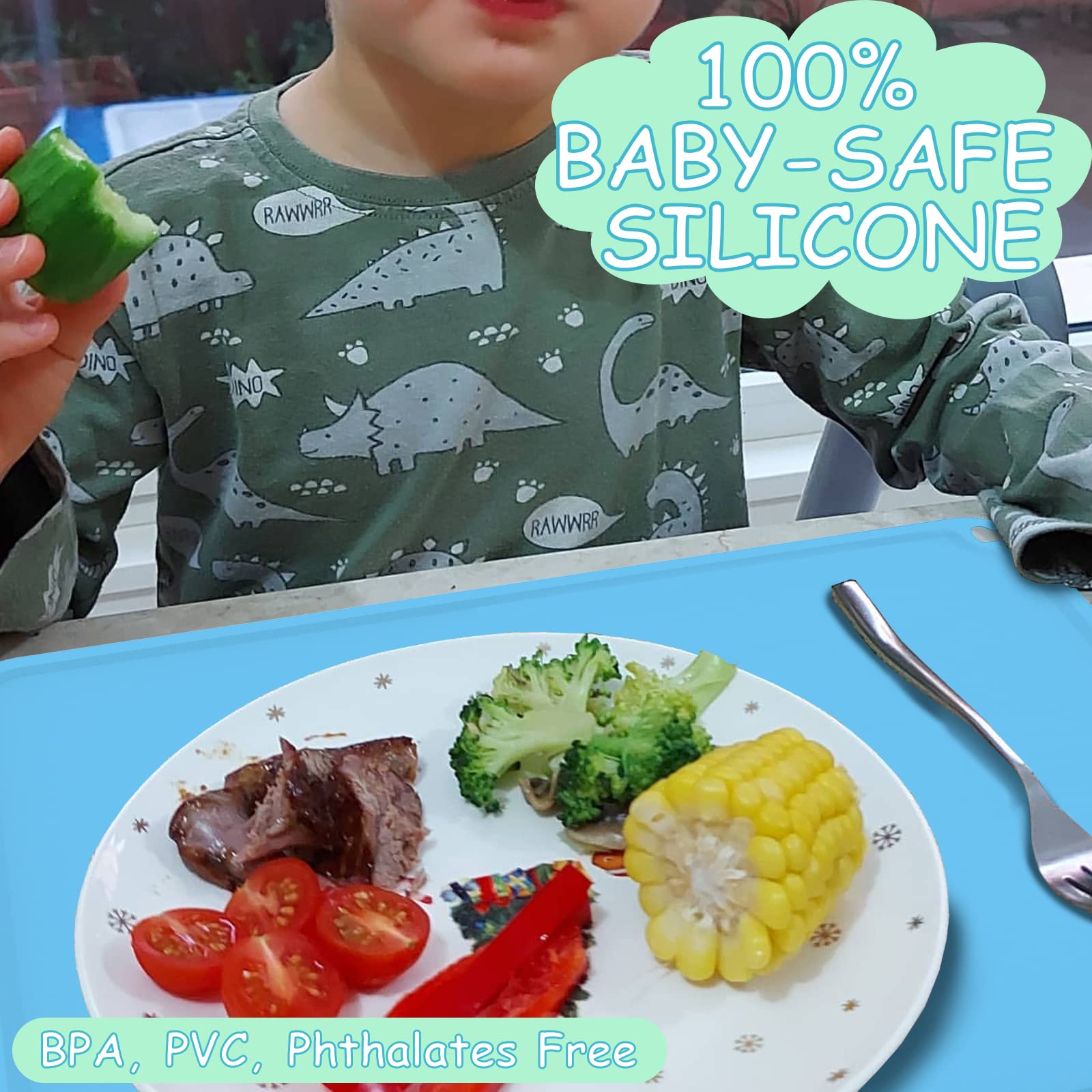 Non-Slip Silicone Baby Placemat for Toddlers - 2 Pack Light Green with Raised Edges | Waterproof & Easy Clean Kids Table Mat | Perfect for Restaurants, High Chairs & Home Dining