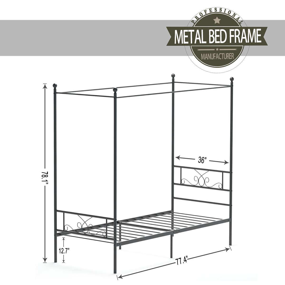 Weehom Twin Canopy Bed Frame with Headboard and Footboard - 4 Poster Metal Bed Frame for Kids & Adults - No Box Spring Needed - Sturdy Mattress Foundation Platform Bed in Black - Perfect for Bedrooms, Guest Rooms & Dorm Rooms