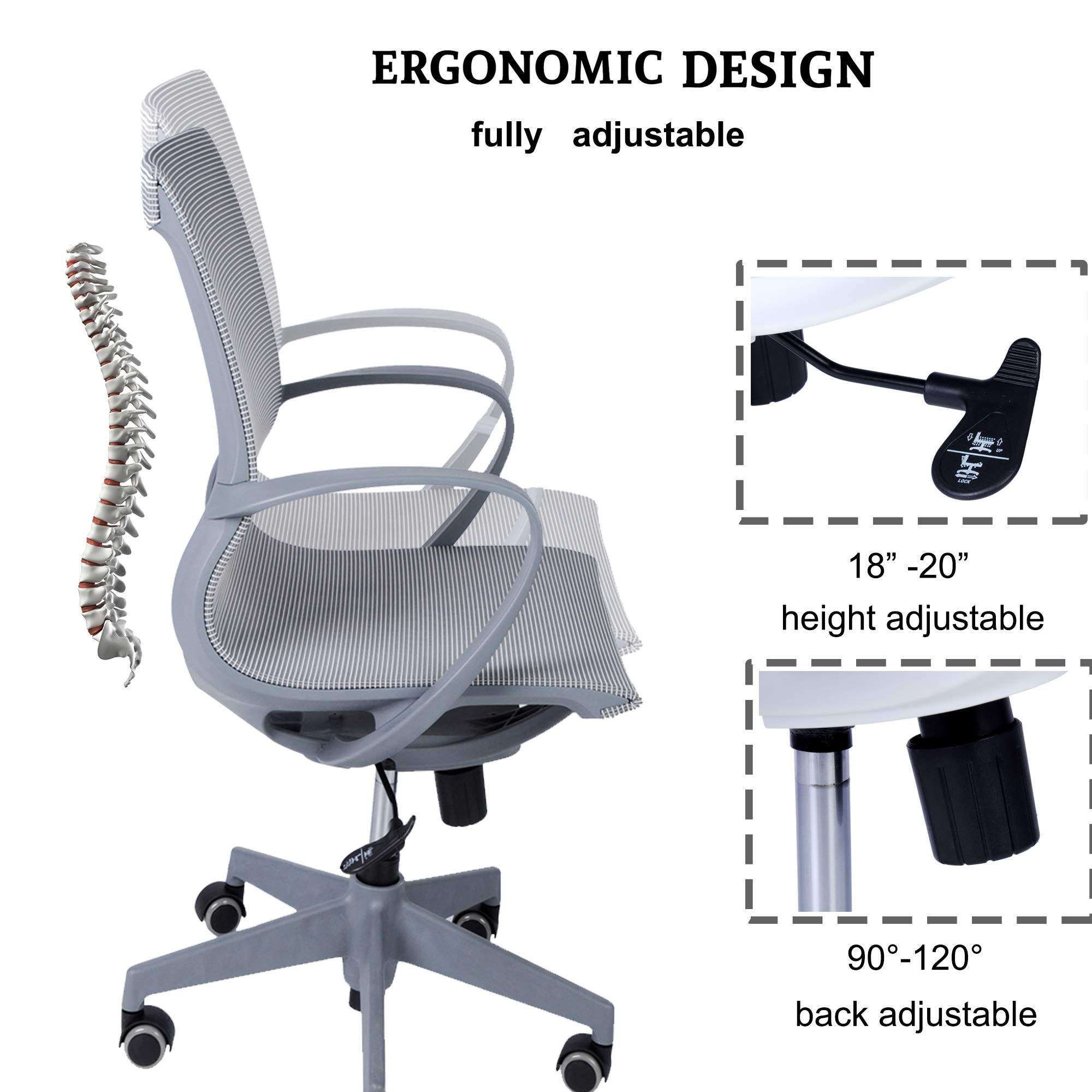 Ergonomic Mesh Office Chair with Adjustable Height & Lumbar Support - 300LB Capacity Swivel Computer Desk Chair for Home, Conference & Work - Breathable Mid Back Design for Comfort (Grey) - Perfect for Long Hours of Sitting, Gaming & Remote Work