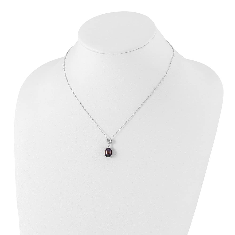 925 Sterling Silver Black Rice Freshwater Pearl & Cubic Zirconia Necklace for Women - Elegant 8-9mm Pearls, 17