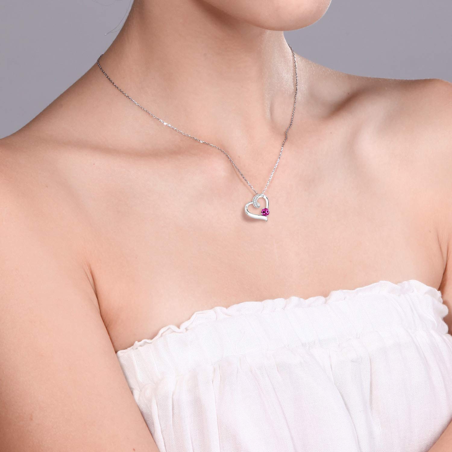 10K White Gold 5MM Round Birthstone & Lab Diamond Heart Pendant Necklace for Women | 18