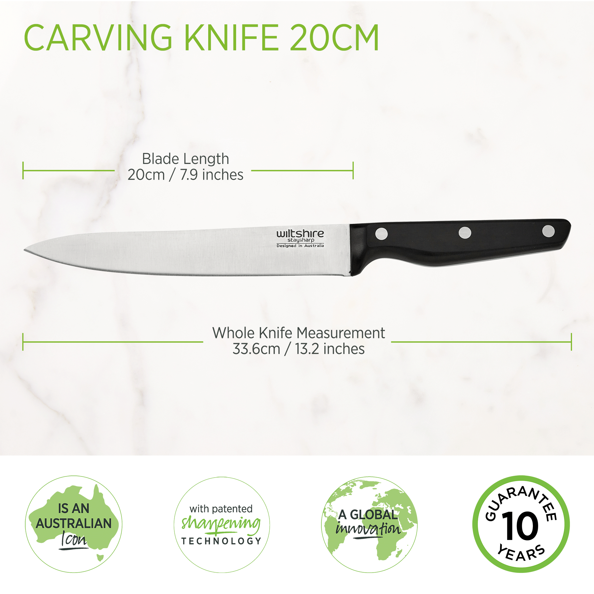 Staysharp Triple Rivet Carving Knife 20cm - Professional Kitchen Knife for Meat, Roast & BBQ - Perfect for Chefs & Home Cooking