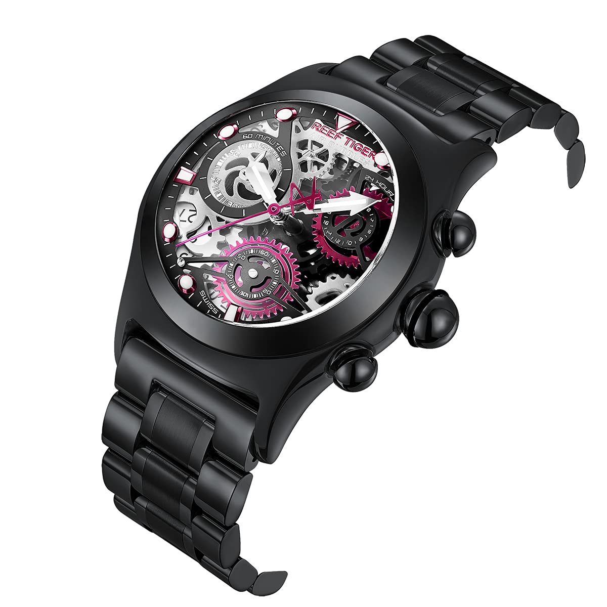 REEF TIGER Men's Skeleton Automatic Sports Watch - Luminous PVD Stainless Steel Bracelet, Waterproof Mechanical Watch RGA792 for Outdoor Activities & Casual Wear