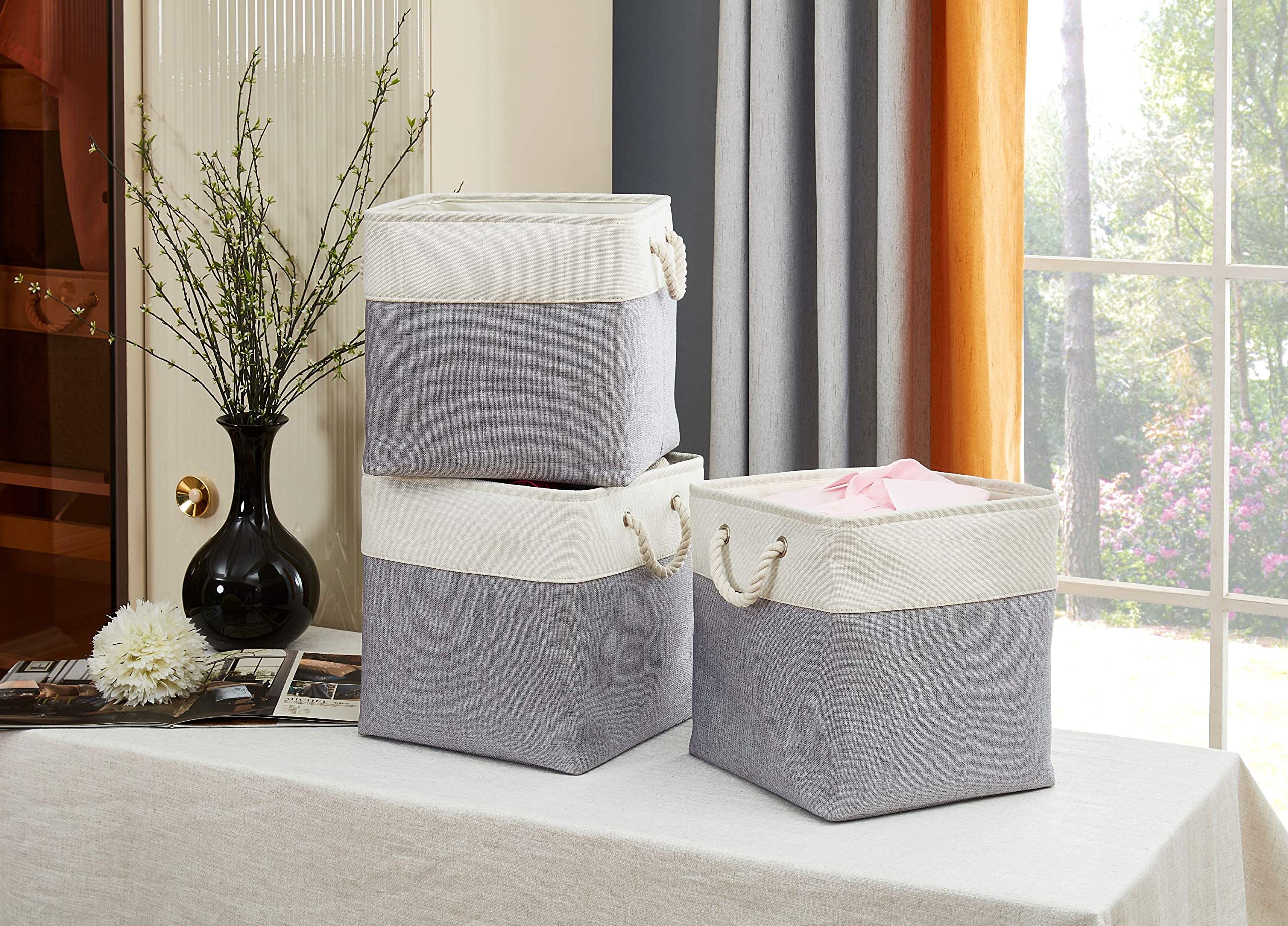 DECOMOMO 13 x 13 Inch Cube Storage Bins - 3 Pack Fabric Organizer Bins for Closet, Shelves & Toy Storage | Grey & White Collapsible Storage Cubes for Home, Office & Kids Room Organization
