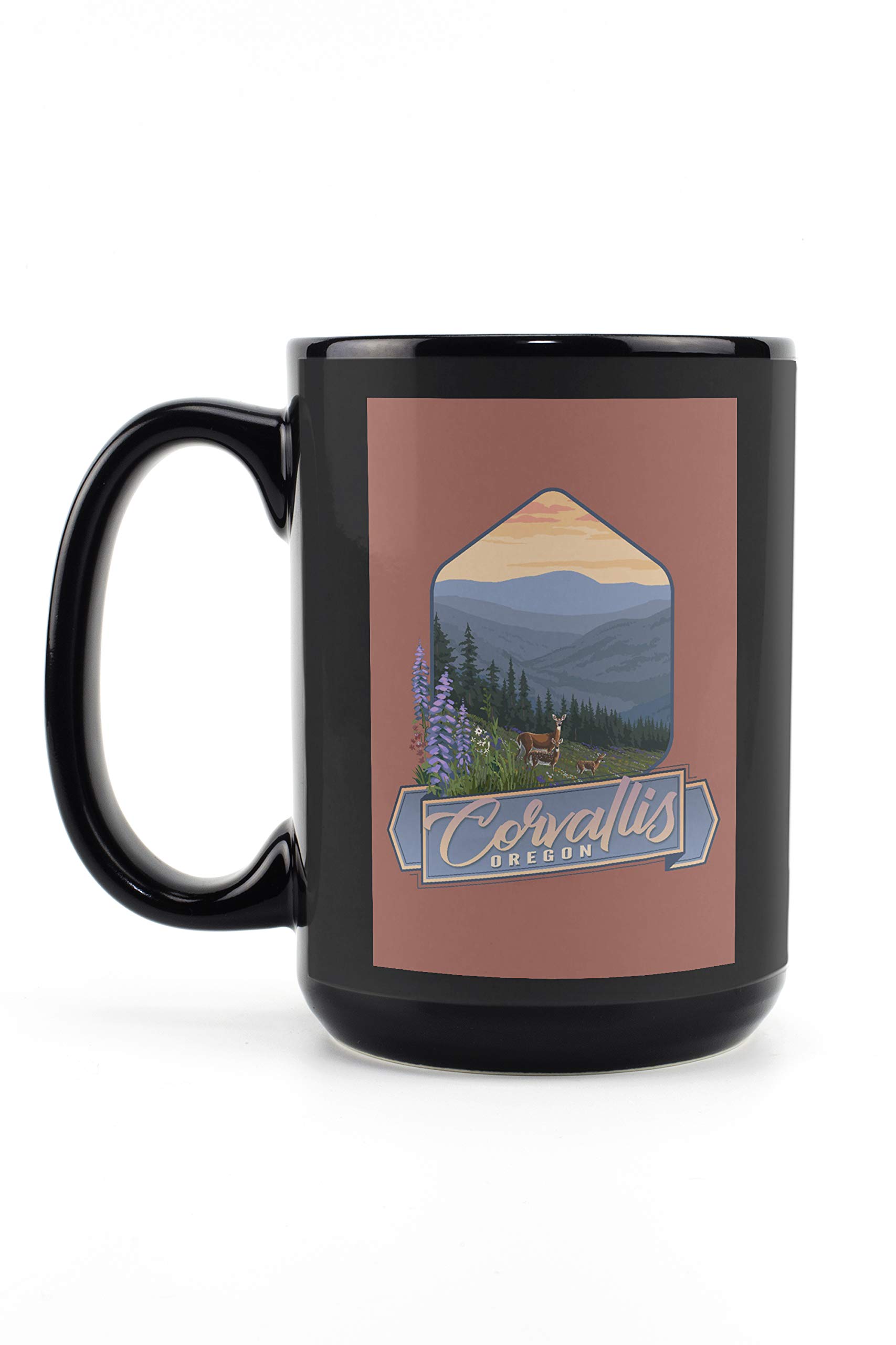 Lantern Press Corvallis Oregon Deer and Spring Flowers Contour 15oz Black Ceramic Coffee Mug - Microwave & Dishwasher Safe - Perfect for Home, Office, and Camping Use