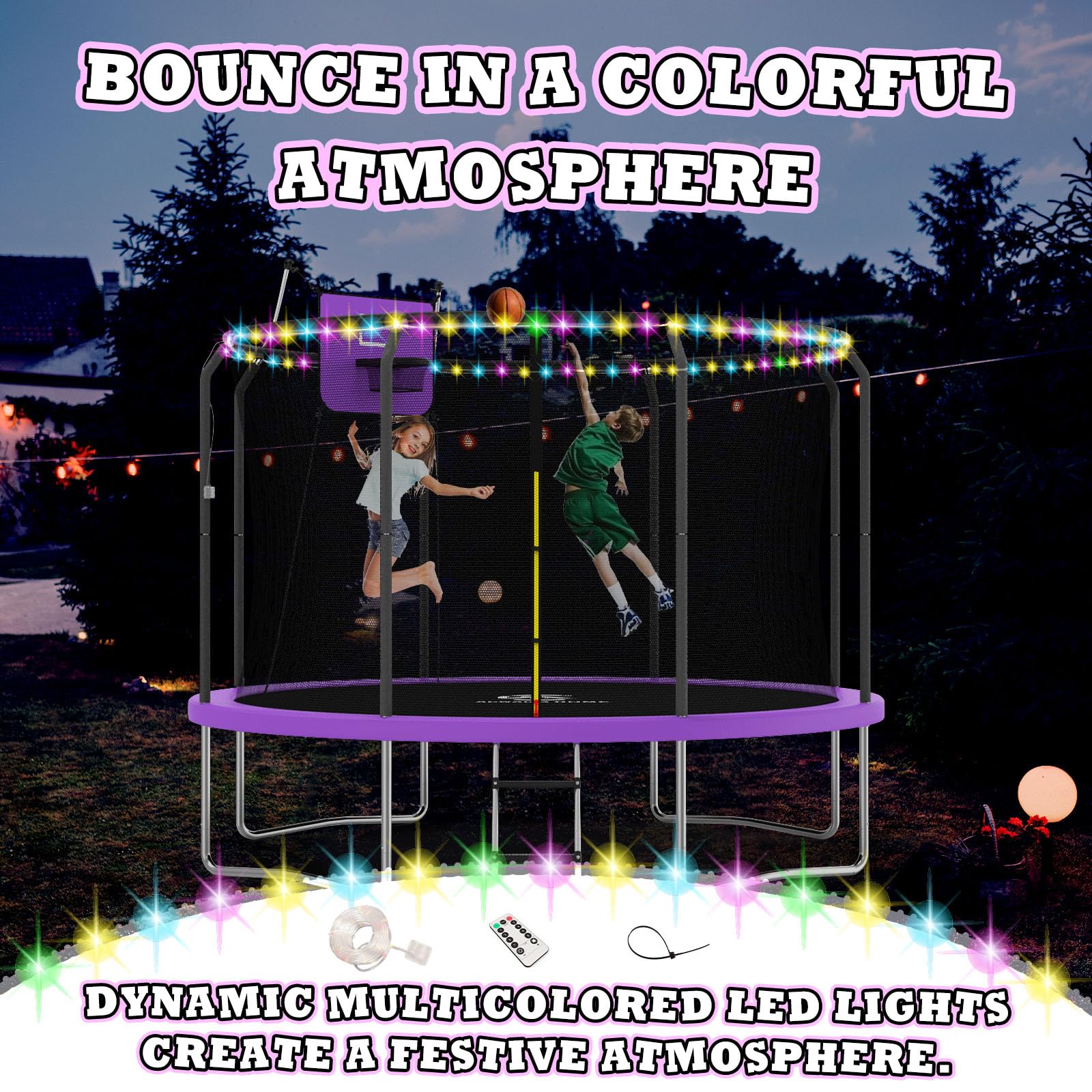 8FT 10FT 12FT 14FT Outdoor Trampoline with Basketball Hoop, LED Lights & Safety Net - ASTM Approved Bounce Trampoline for Kids & Adults - Perfect for Backyard Fun, Exercise & Family Recreation