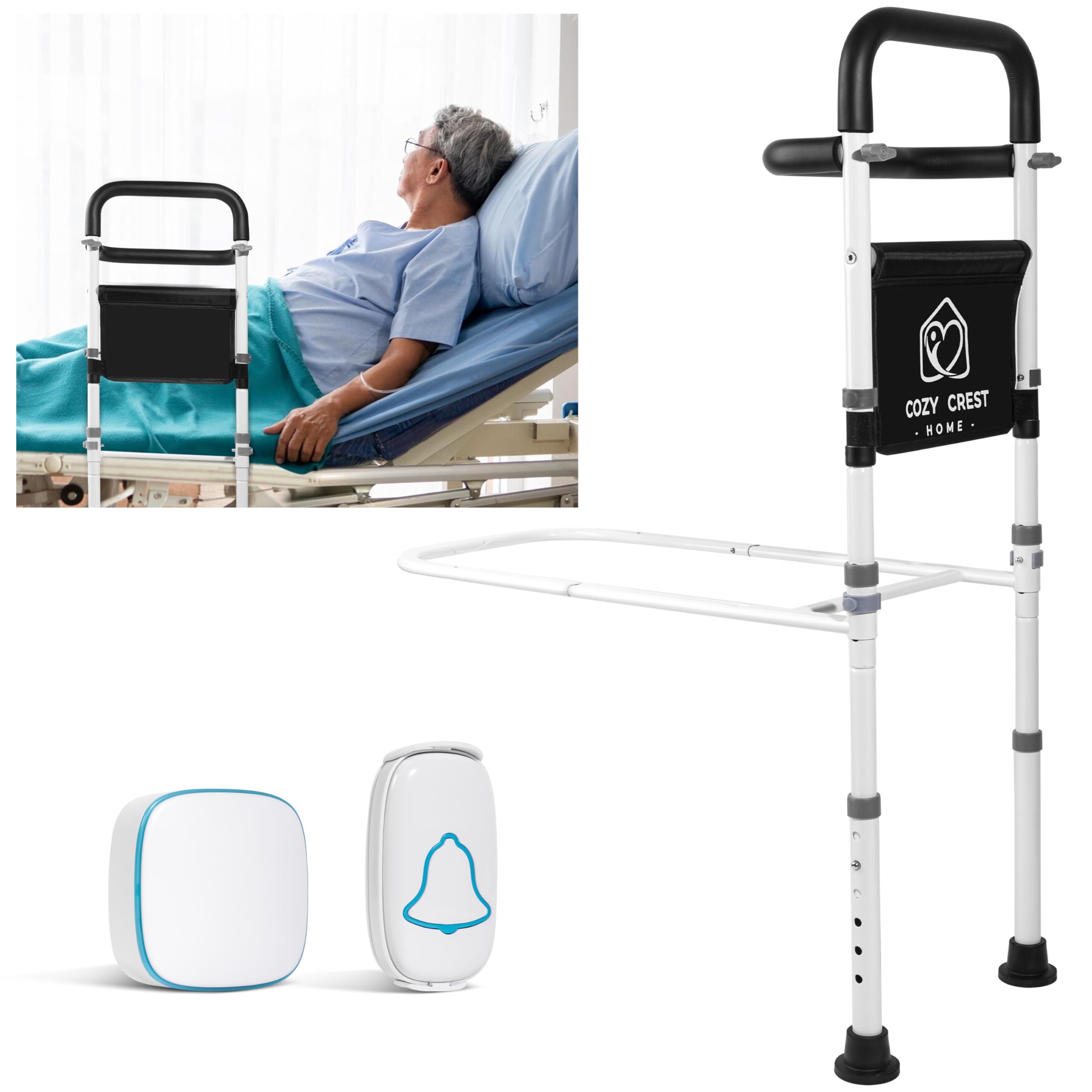 Adjustable Bed Rails for Elderly Adults - Safety Bed Assist Rail with Alarm, Non-Slip Handle & Storage Bag - Supports 300 lbs - Ideal for Home Care, Hospital & Senior Fall Prevention