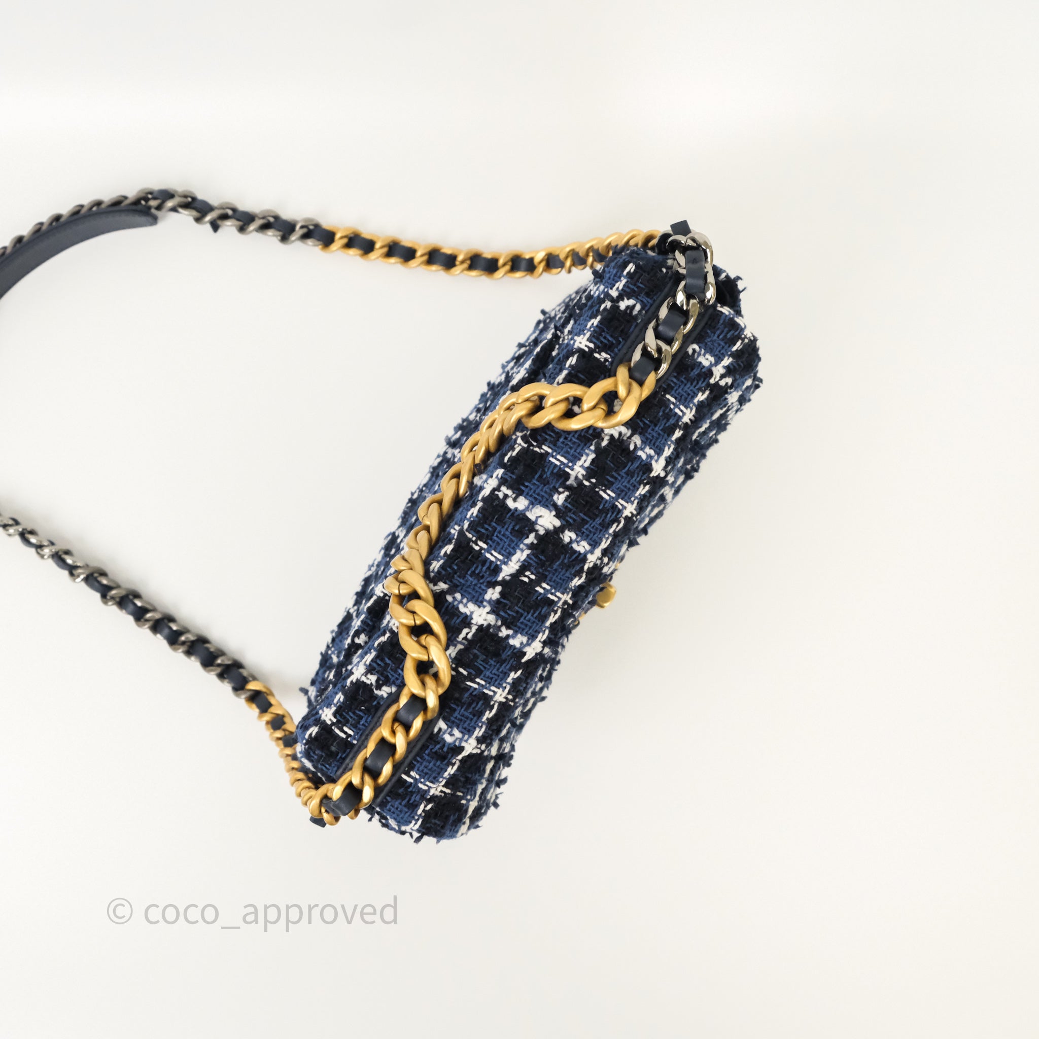 Chanel 19 Small Handbag in Blue, White & Black Grid Tweed with Mixed Hardware - Perfect for Work, Travel & Evening Events