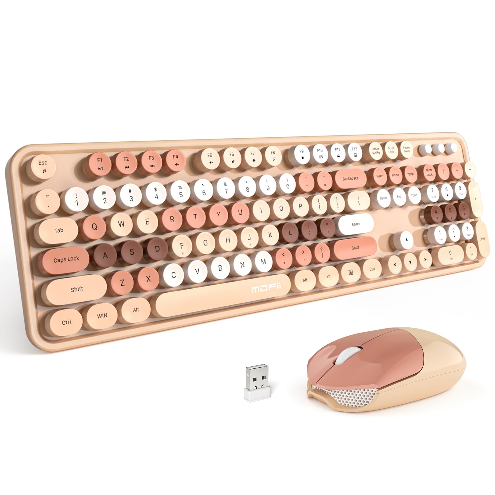MOFII Wireless Keyboard and Mouse Combo - Full Size Typewriter Style Keyboard with Number Pad & 2-in-1 USB Mouse for PC, Laptop, Desktop (Windows/Mac) - Milk Tea Color | Perfect for Office Work, Gaming & Home Computing