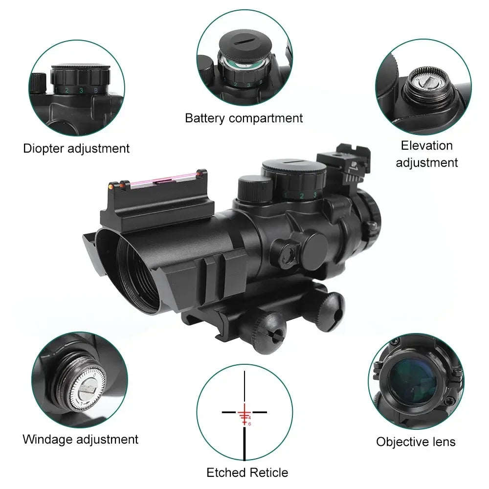 ACOG 4x32 Rifle Scope - Tactical Optical Sight with Fiber Optic Iron Sights | 20mm Prism Scope for Hunting & Target Shooting | Perfect for AR-15, M4, and Tactical Rifles