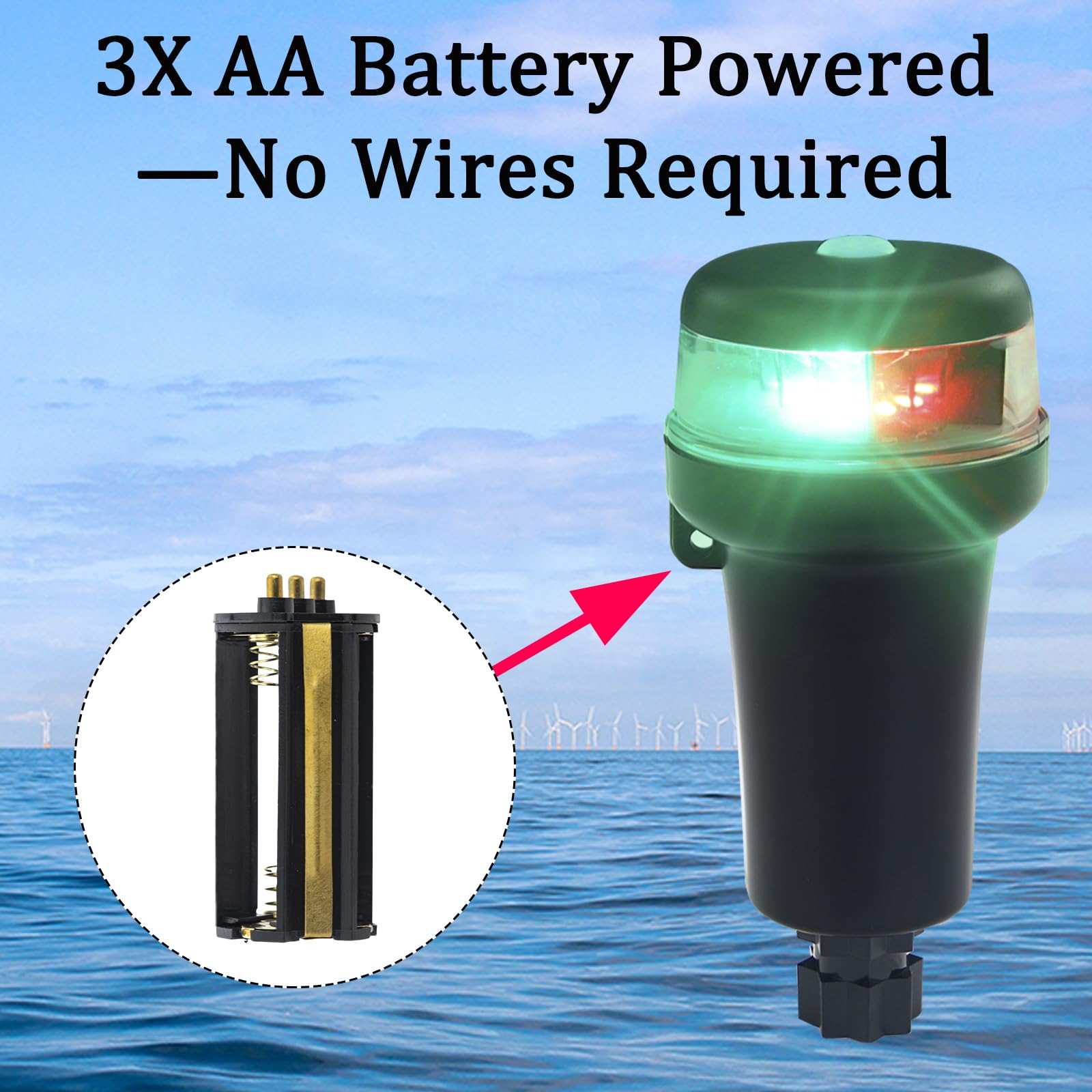 **Portable Kayak LED Navigation Lights - Waterproof Surface Mount with Adhesive Base, Multi-Adaptors for 3AA Battery (Red + Green) - Perfect for Inflatable Boats, Canoes, and Night Fishing**