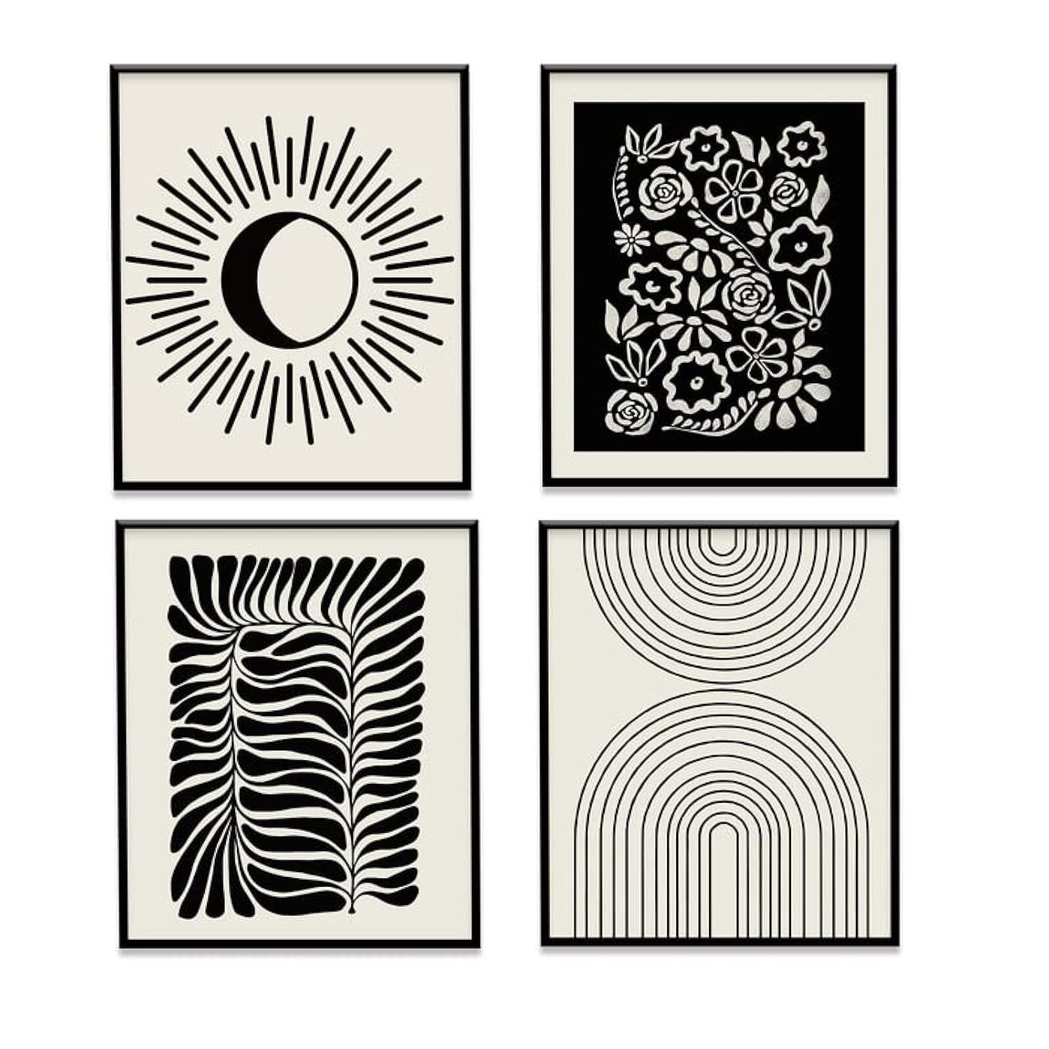 Minimalist Boho Canvas Wall Art Set of 4 - Black & Beige Flower Leaf Line Art Paintings, Mid-Century Modern Gallery Wall Prints for Bedroom, Living Room, Bathroom Decor | Perfect for Boho, Scandinavian & Farmhouse Style Homes