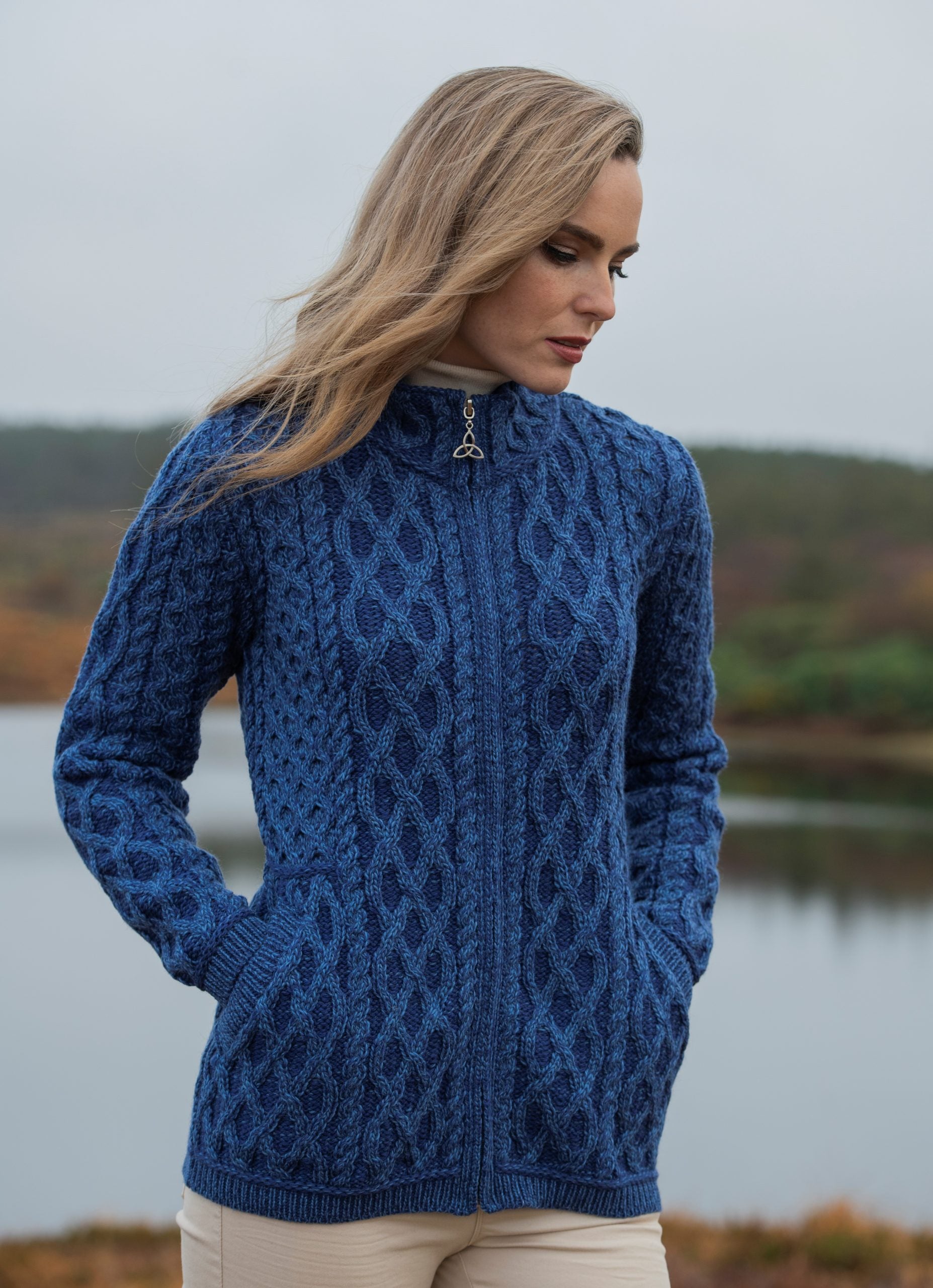 Aran Short Zip Cardigan Sweater for Women - Cozy Knit Pullover with Front Pockets [Beige, Navy] | Perfect for Fall Layering, Office Wear & Casual Outfits