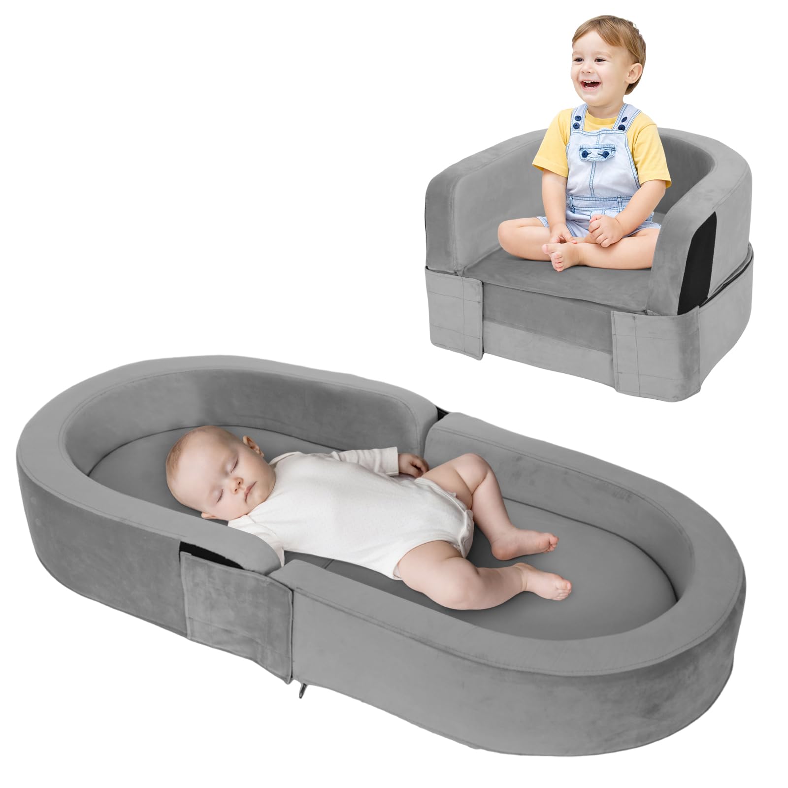 2-in-1 Toddler Travel Bed & Chair - Portable Foldable Baby Bed for Kids 18 Months to 6 Years - Removable Washable Cover (Gray) - Perfect for Camping, Airplane Travel & Sleepovers