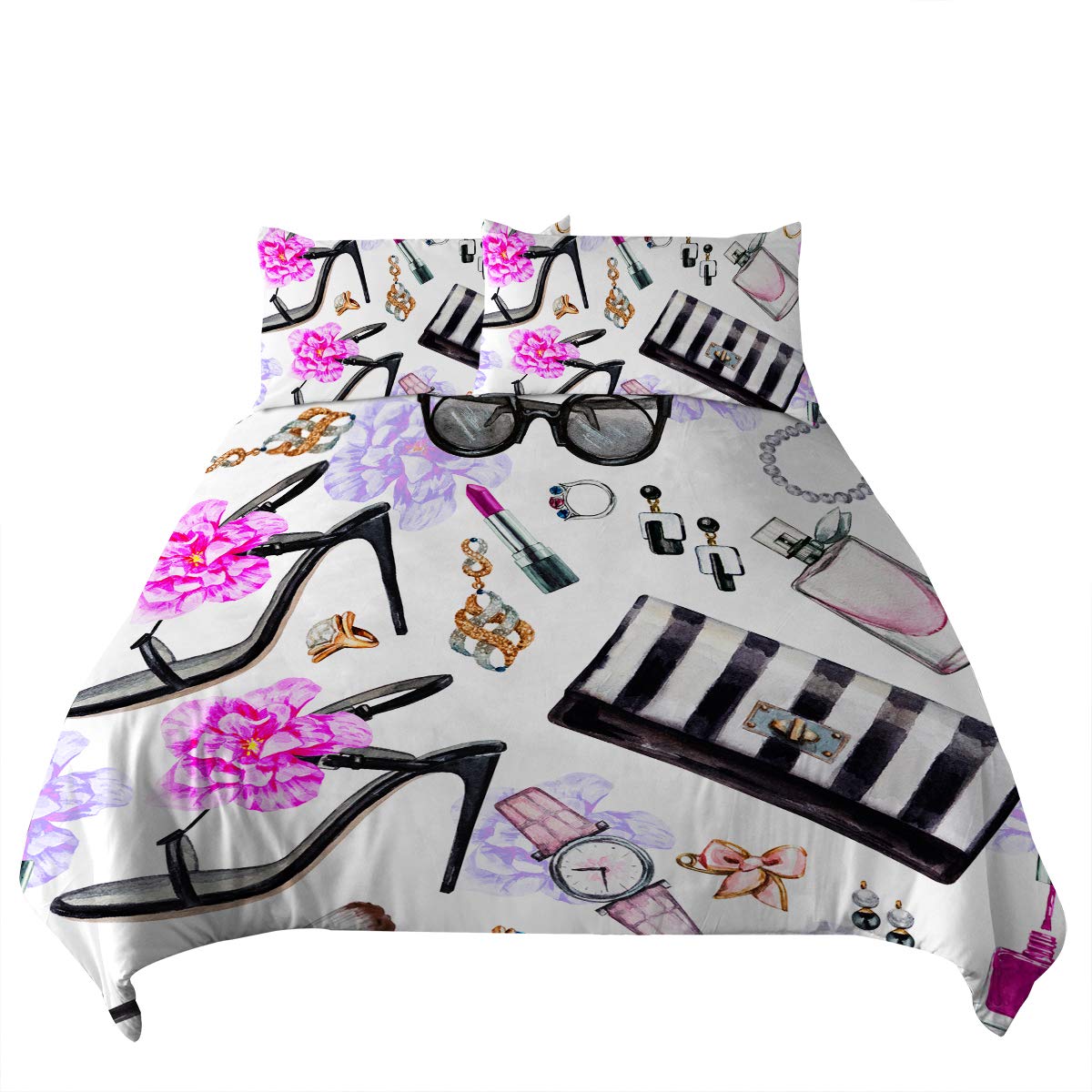 Stylish Women's Makeup & Beauty Themed Duvet Cover Set - 3 Piece Queen Size Bedding with Perfume & Lipstick Print - Perfect for Teen Girls' Rooms, Dorm Decor & Chic Bedroom Makeovers
