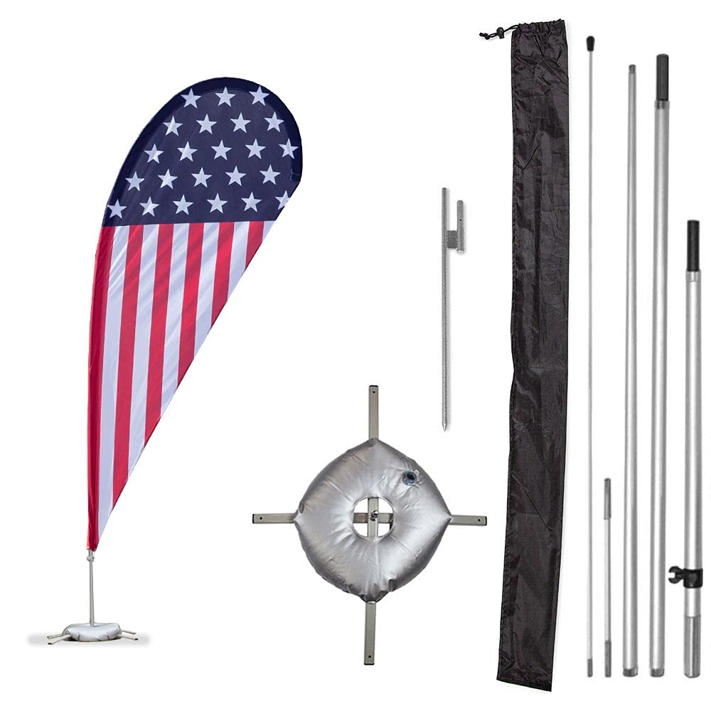 Vispronet Premium Stars and Stripes USA Feather Flag Kit - 10.5ft Sectional Aviation-Grade Fiberglass Poles, American Flag, Cross Base, Weight Bag, Ground Spike & Pole Sleeve Bag - Perfect for Patriotic Events, Car Dealerships & Outdoor Advertising