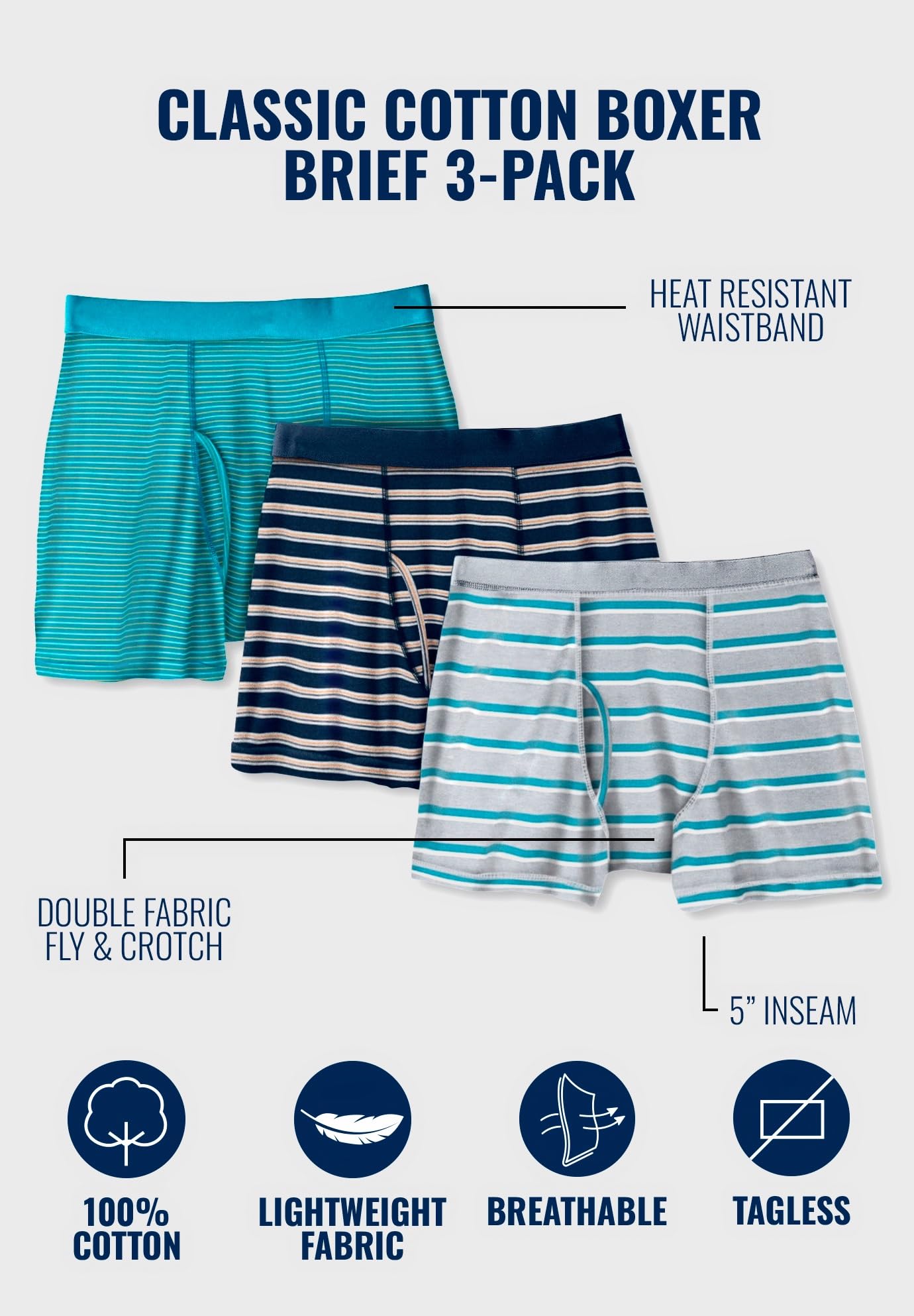 KingSize Men's Big & Tall Cotton Boxer Briefs 3-Pack - Soft Breathable Underwear for Plus Size Men - Perfect for Everyday Wear, Workout & Lounge