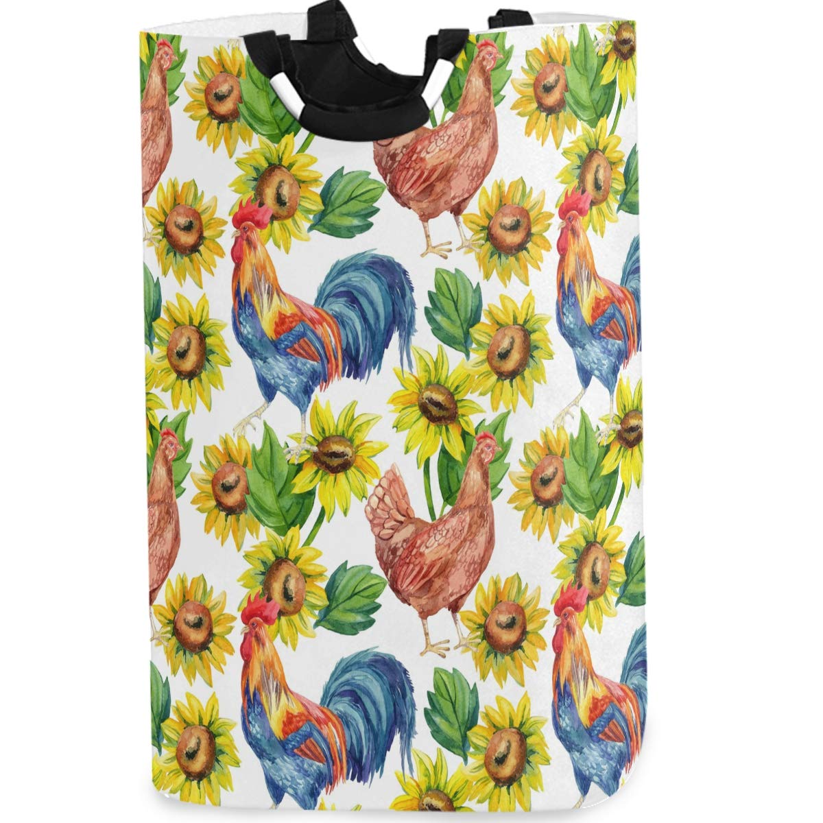 Visesunny Hen & Rooster Sunflower Large Collapsible Laundry Hamper - Foldable Portable Dirty Clothes Basket with Handles, Waterproof Oxford Fabric Washing Bin - Perfect for Home, Dorm, Travel & Camping
