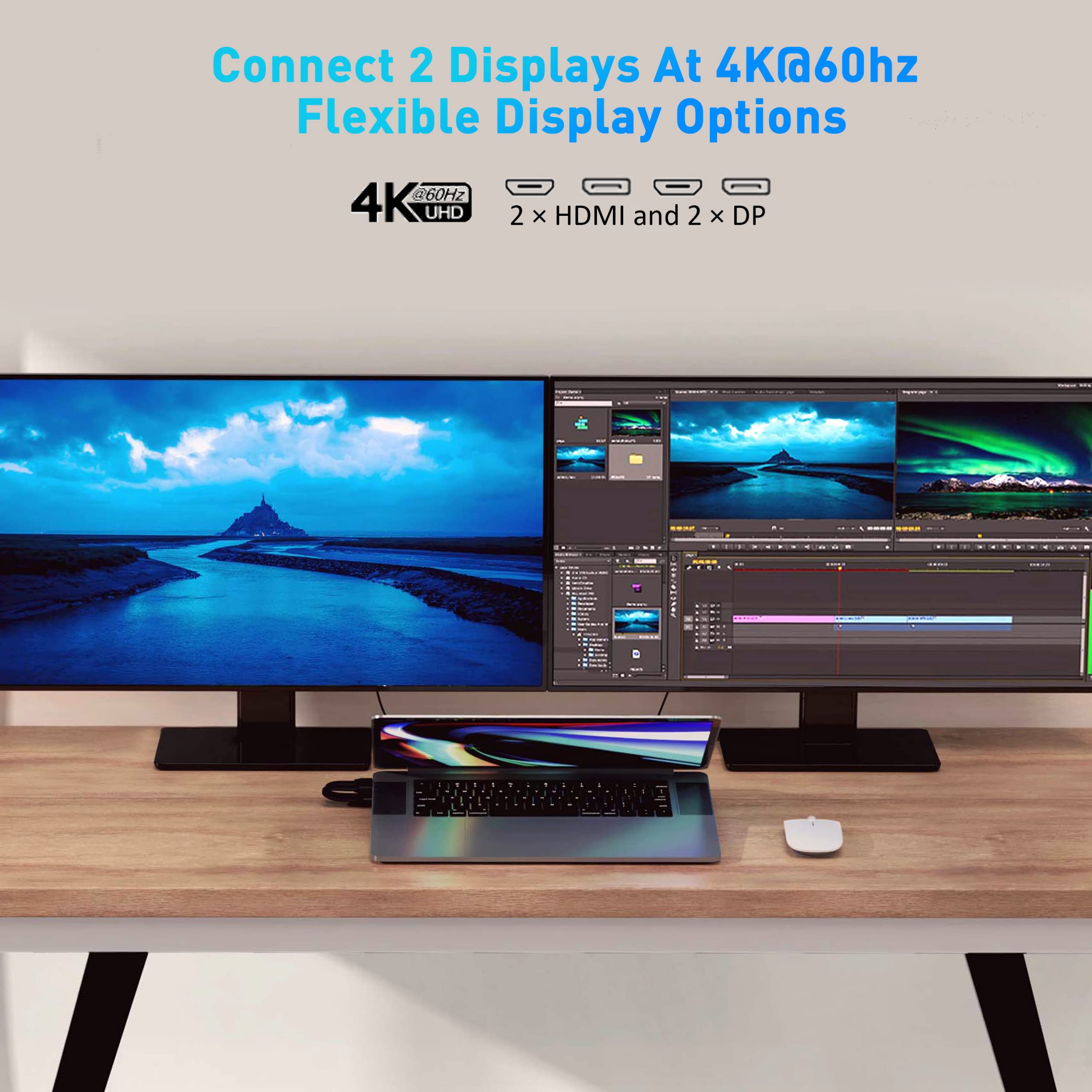 HyperDrive Multi-Display Docking Station for MacBook Pro 13-14 inch | Dual 4K HDMI & DisplayPort | 100W USB-C Power Delivery | Gigabit Ethernet | 3x USB-A & 2x USB-C Ports | SD/MicroSD Card Reader | Premium Aluminum Design | Perfect for Home Office, Video Editing & Multi-Tasking Workstations