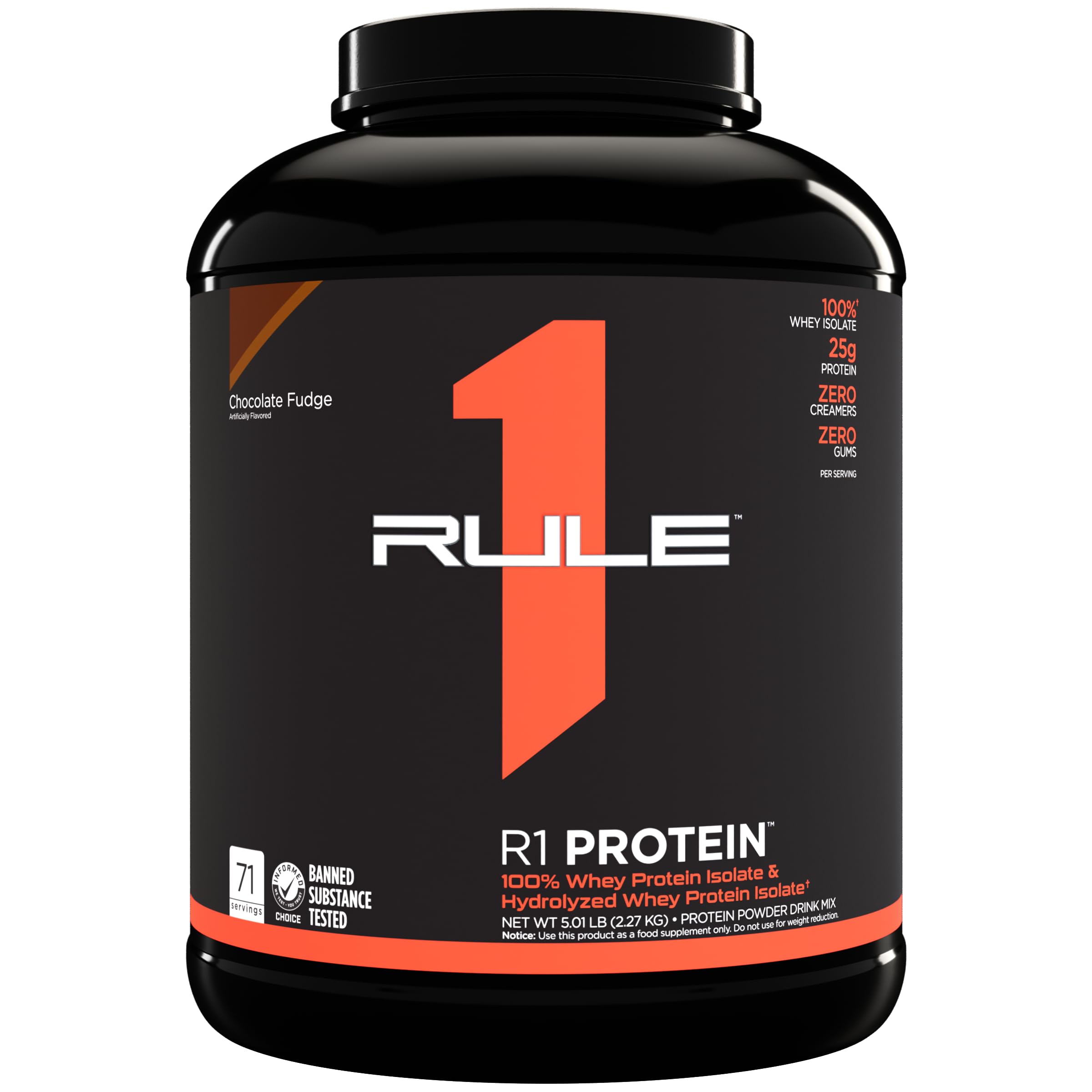 Rule One Proteins R1 Whey Protein Powder - 25g Fast-Acting, Super-Pure 100% Isolate & Hydrolysate with 6g BCAAs (5lbs, Chocolate Fudge) for Muscle Recovery & Post-Workout Nutrition