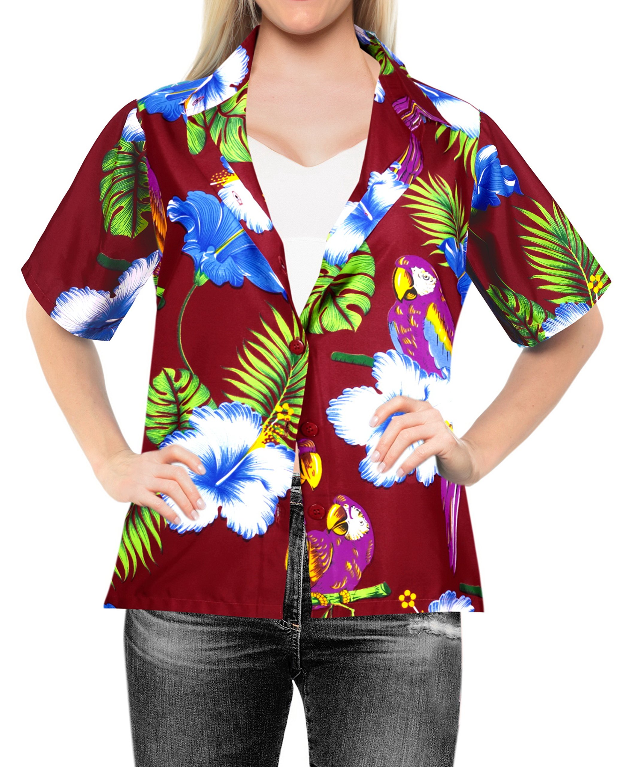 LA LEELA Women's Funny Short Sleeve Hawaiian Shirt - Casual Summer Beach Vacation Tops for Women - Perfect for Luau Parties, Tropical Getaways & Everyday Wear