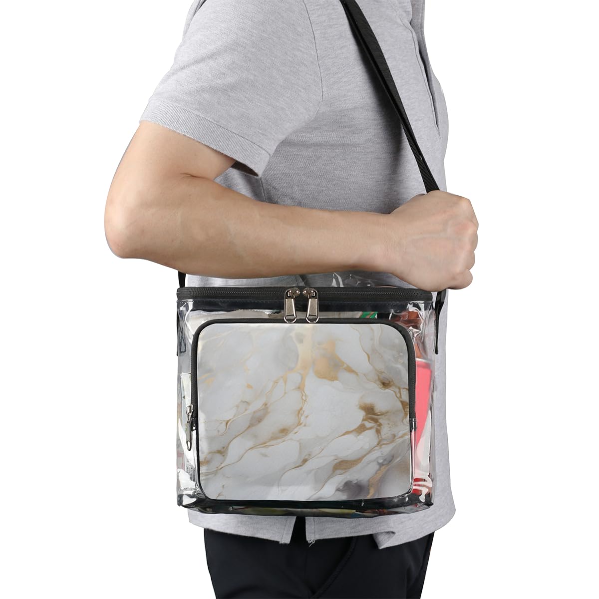 GzLeyigou White Gold Marble Clear Tote Bag with Handles - Transparent Crossbody Shoulder Bag for Women, Art Painting Design Lunch Purse - Perfect for Outdoor Travel, Picnic, Concerts, Sports Events & Stadium Approved (Multi-Use)