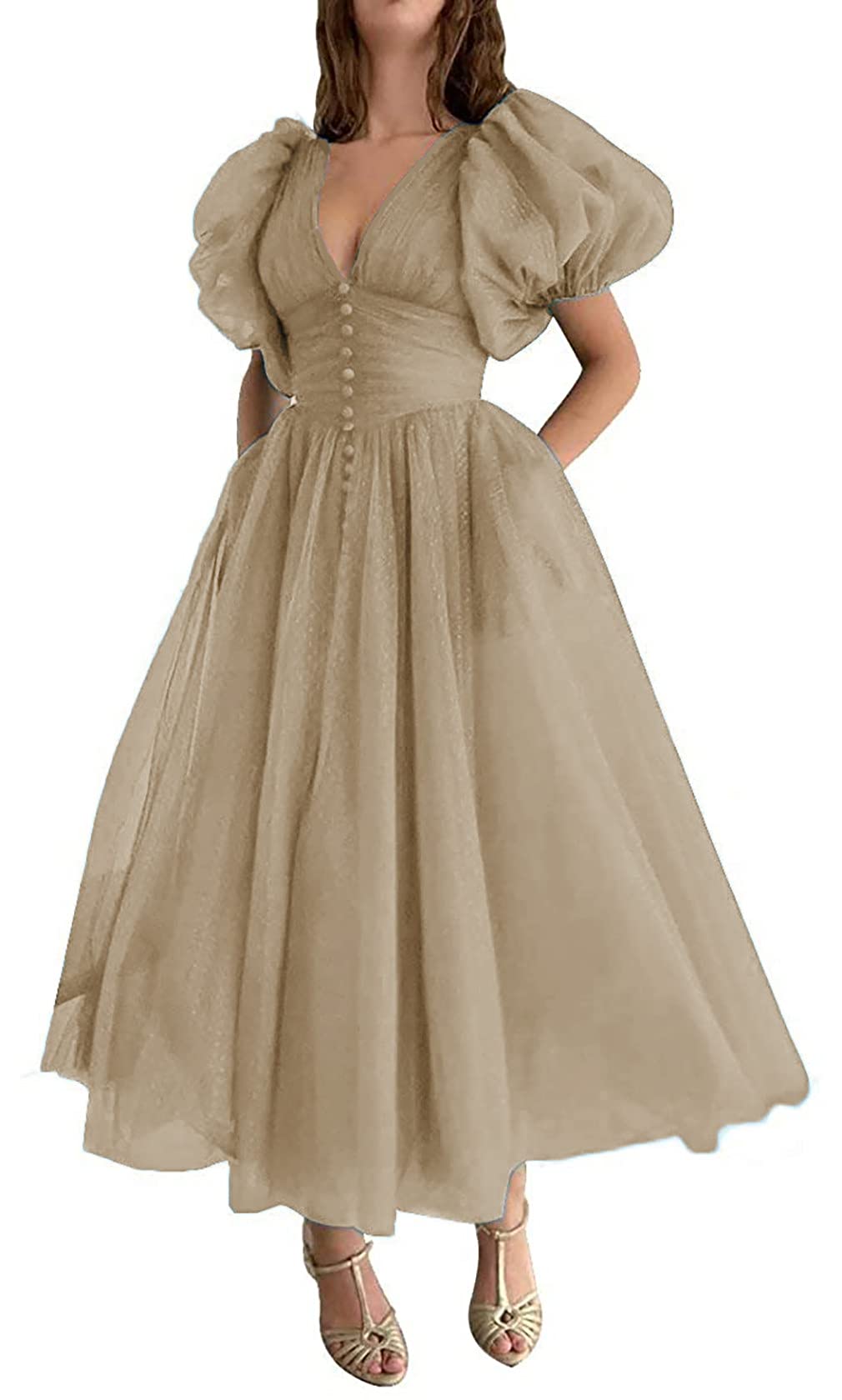 Elegant Puffy Sleeve Prom Dress for Women - Long V-Neck Dotted Tulle Ball Gown with Pockets | Formal Evening Dress for Homecoming, Wedding Guest & Special Occasions