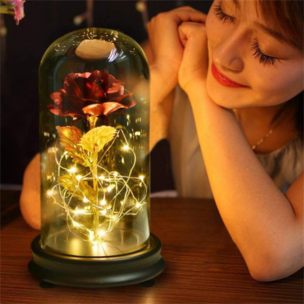 24K Gold Foil Rose in Glass Dome with LED Lights - Enchanted Galaxy Rose Gift for Women, Girlfriend, Wife, Mom - Beauty and The Beast Inspired Artificial Flower - Perfect for Valentine's Day, Mother's Day, Anniversary & Romantic Home Decor
