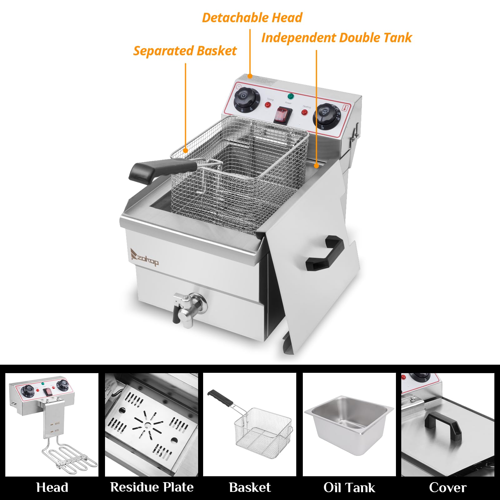 Winado 12.5QT Electric Deep Fryer with Timer & Oil Filtration System - 1700W Stainless Steel Commercial Countertop Fryer with Adjustable Temperature Control, Basket & Lid - Perfect for Home Kitchens, Restaurants & Fast Food Businesses - Ideal for Frying Chicken, French Fries, Donuts & More