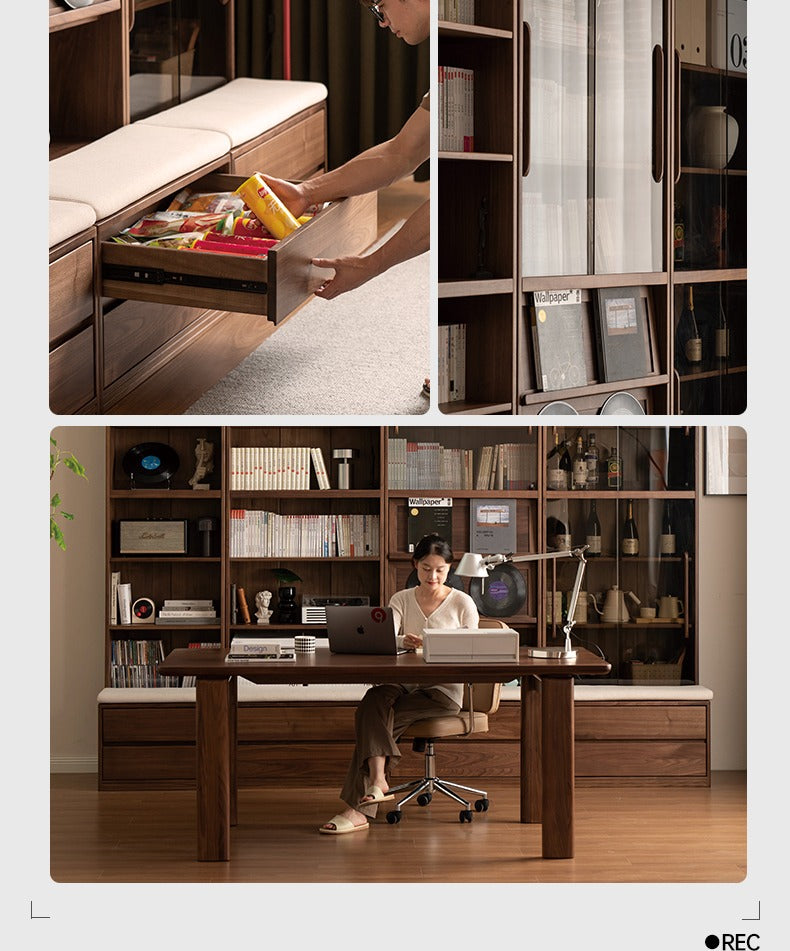 Solid Black Walnut Wood Wall-to-Wall Bookshelf with Built-in Seat - Modern Luxury Home Office & Living Room Storage Solution