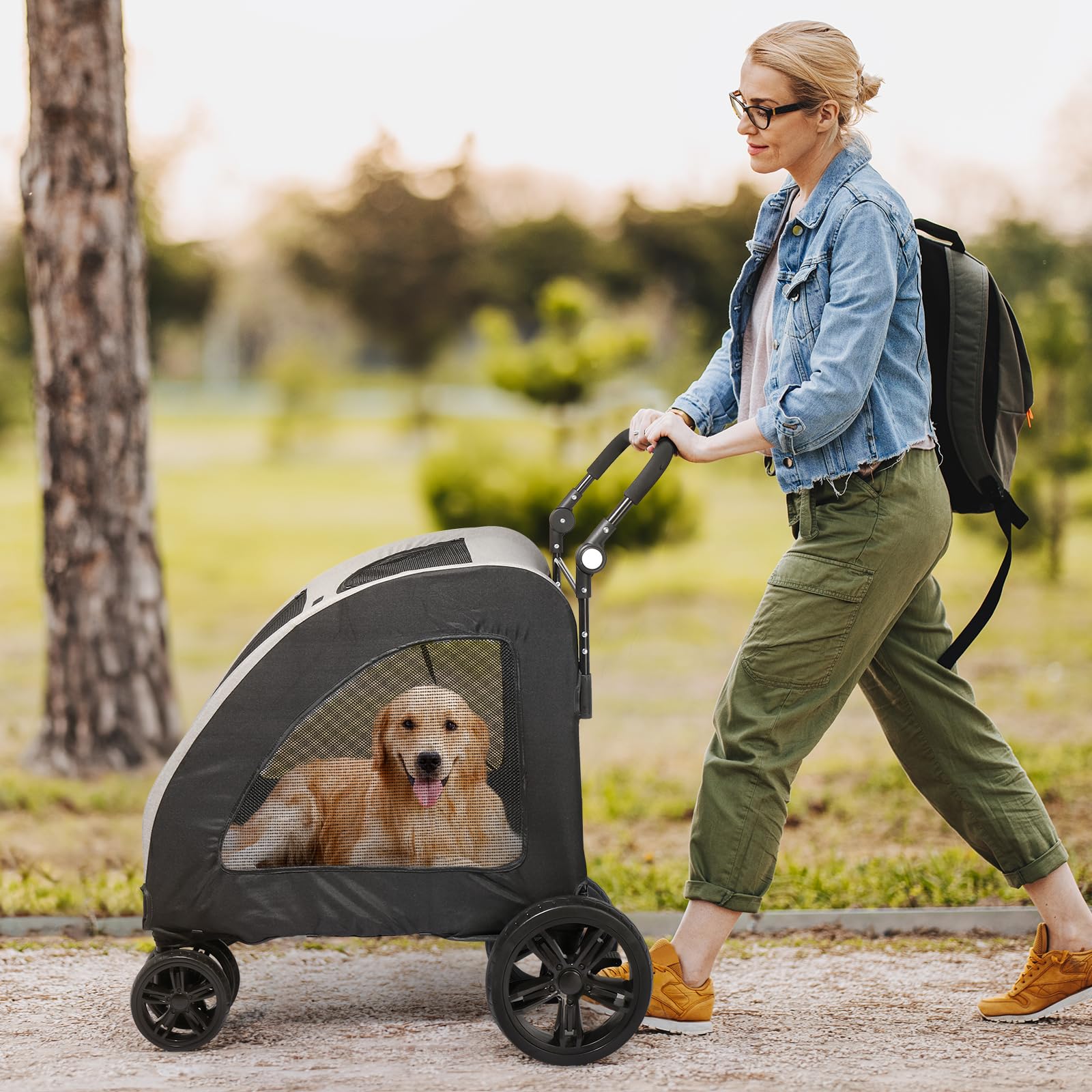 Outvita 4-Wheel Folding Pet Stroller for Large Dogs & Cats - Heavy Duty Travel Wagon Holds Up to 100LBS - Adjustable Handle & Smooth Ride - Perfect for Jogging, Shopping & Outdoor Adventures