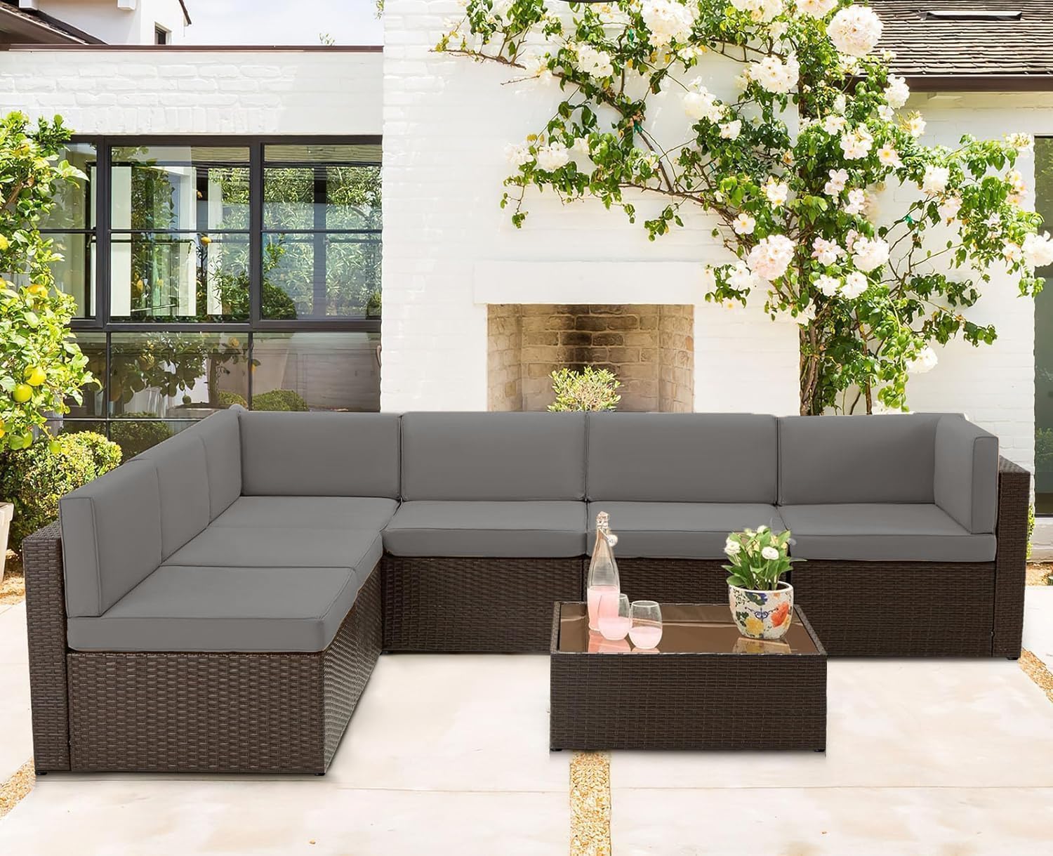 U-MAX 7-Piece PE Rattan Patio Furniture Set with Cushions & Coffee Table - Brown Wicker Sectional Sofa & Dark Grey Cushions for Outdoor Garden, Backyard, Poolside & Balcony Decor