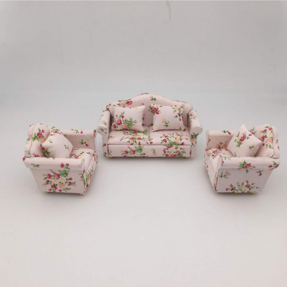 Handmade 1/12 Scale Miniature Dollhouse Furniture - Birch Wood & Fabric Sofa Set with Back Cushions | Perfect for Dollhouse Decor, Model Displays & Collectors