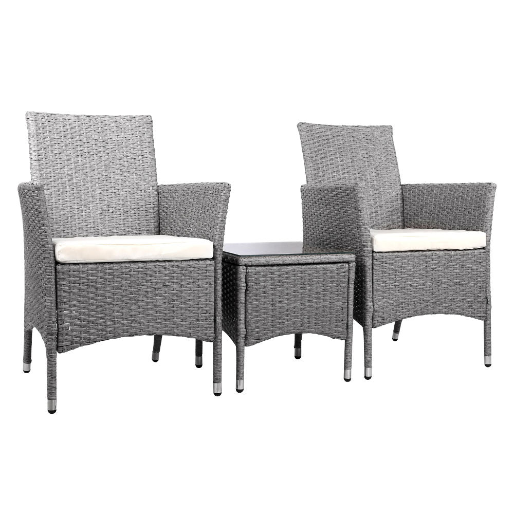 3-Piece Outdoor Bistro Set - Patio Furniture with Wicker Chairs, Table & Cushions (Grey) - Perfect for Garden, Balcony, and Backyard Relaxation