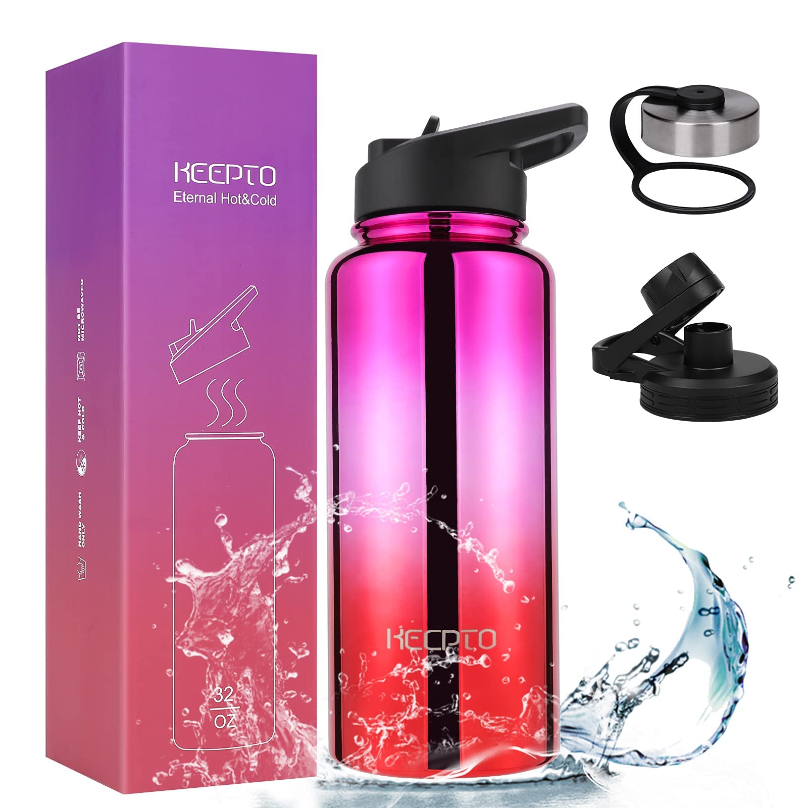 KEEPTO Stainless Steel Vacuum Insulated Water Bottle with Straw - BPA Free, Leak Proof, 20oz/500ml - Perfect for Gym, Hiking, Travel & Outdoor Activities