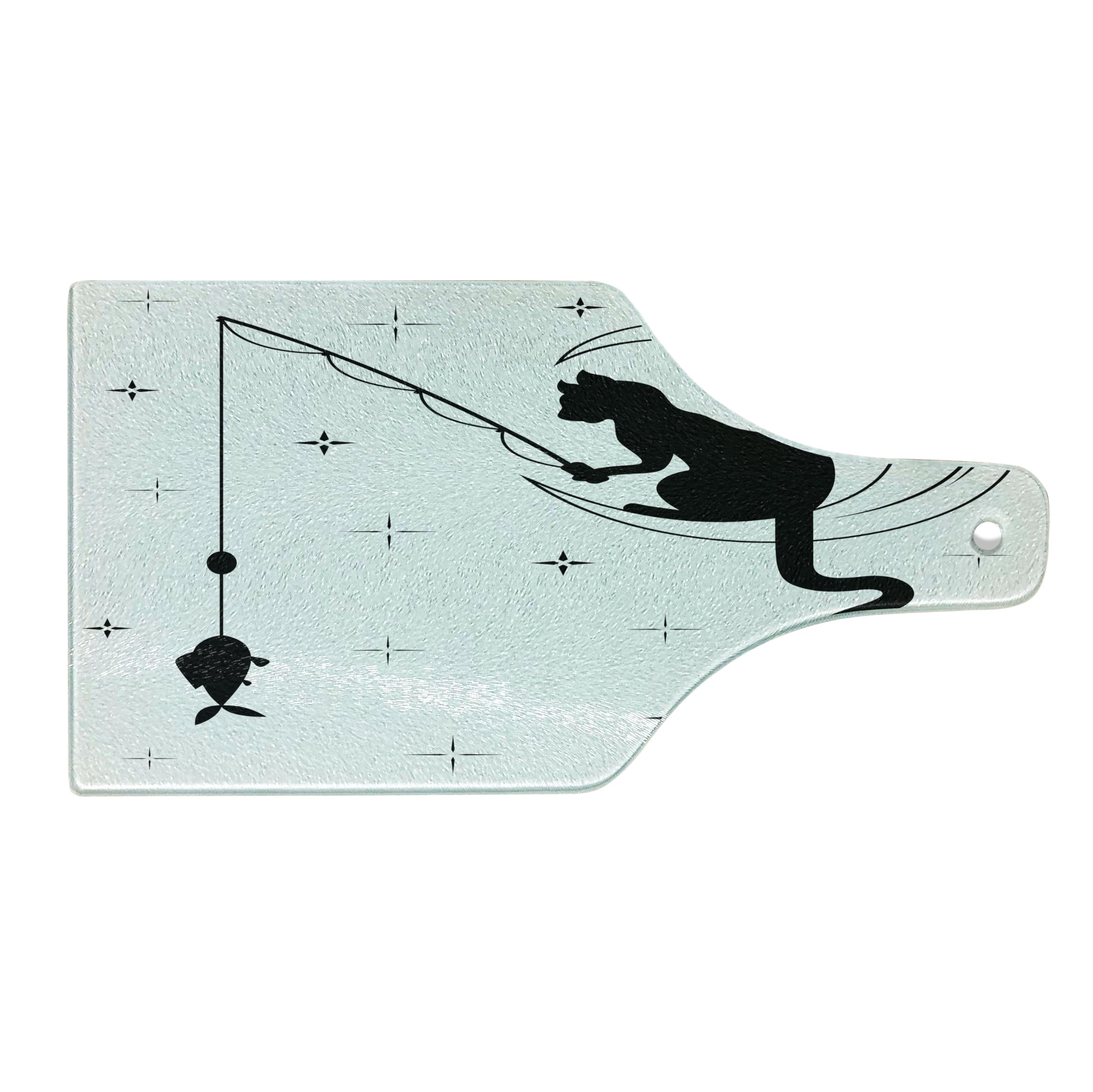 Ambesonne Modern Cat Fishing on Moon Cutting Board - Starry Sky Humor Sketch Art - Tempered Glass Serving Board for Kitchen & Entertaining - Wine Bottle Shape Black White Decorative Chopping Board - Perfect for Cheese Platters, Charcuterie & Wine Pairings