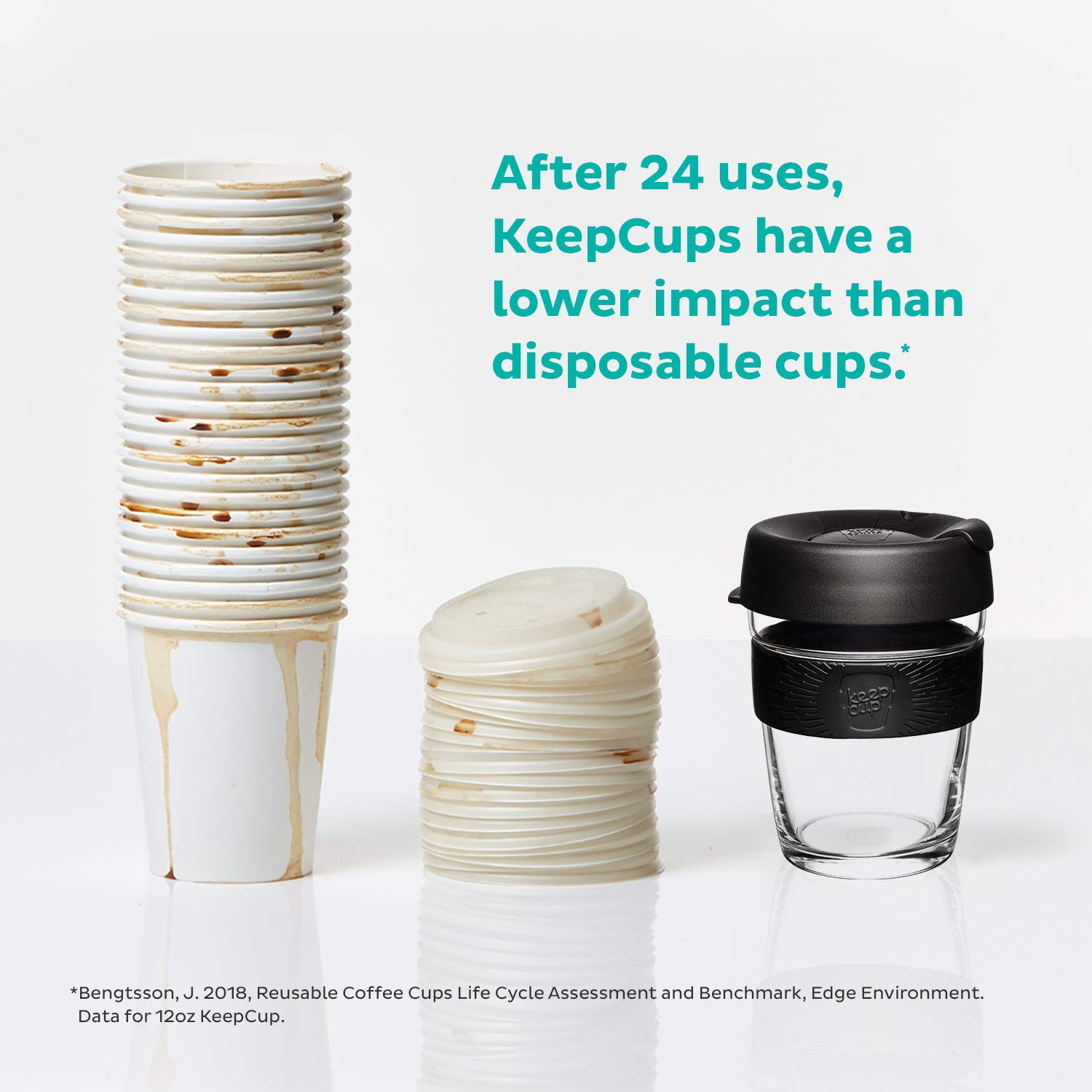 KeepCup 12oz Reusable Coffee Cup - Eco-Friendly Toughened Glass Travel Mug with Non-Slip Silicone Band, 12-Ounce Medium Size in Black | Perfect for Office, Commuting & Outdoor Activities