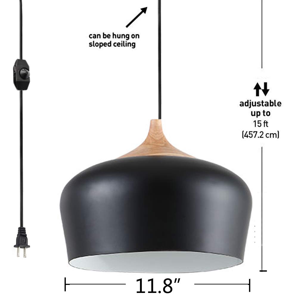 Dimmable Plug in Pendant Light - Modern Hanging Lamp for Home, Office, Bedroom, Dining Room & Cafe | Black Finish | Perfect for Ambient Lighting & Space Saving