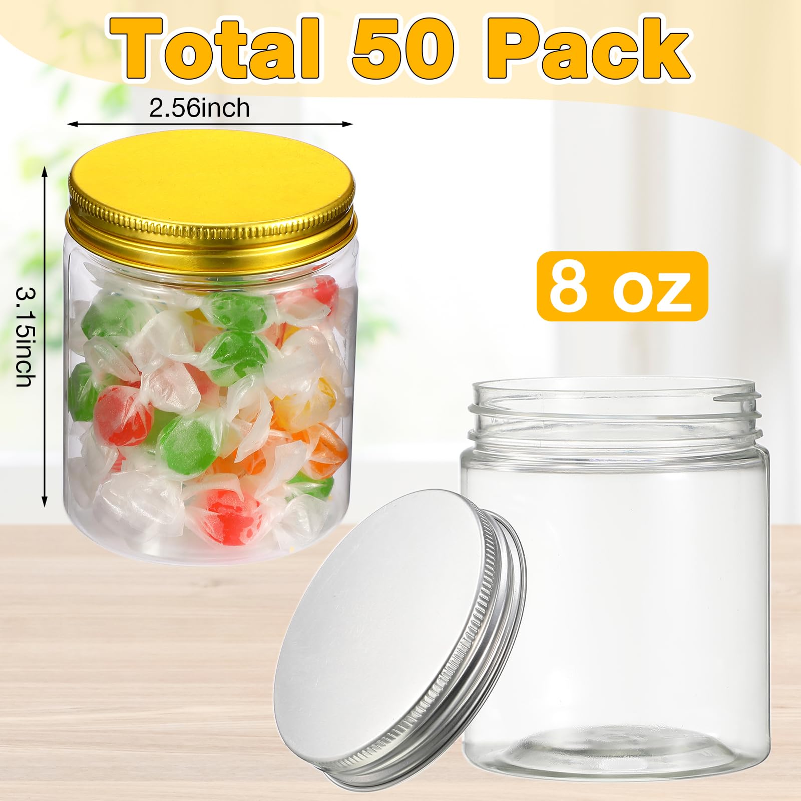 Tanlade 50 Pack 8 oz Clear Round Plastic Jars with Airtight Lids - Small Refillable Food Storage Containers for Kitchen, Pantry, Spices, Candy, Crafts & DIY Organization (Gold & Silver)