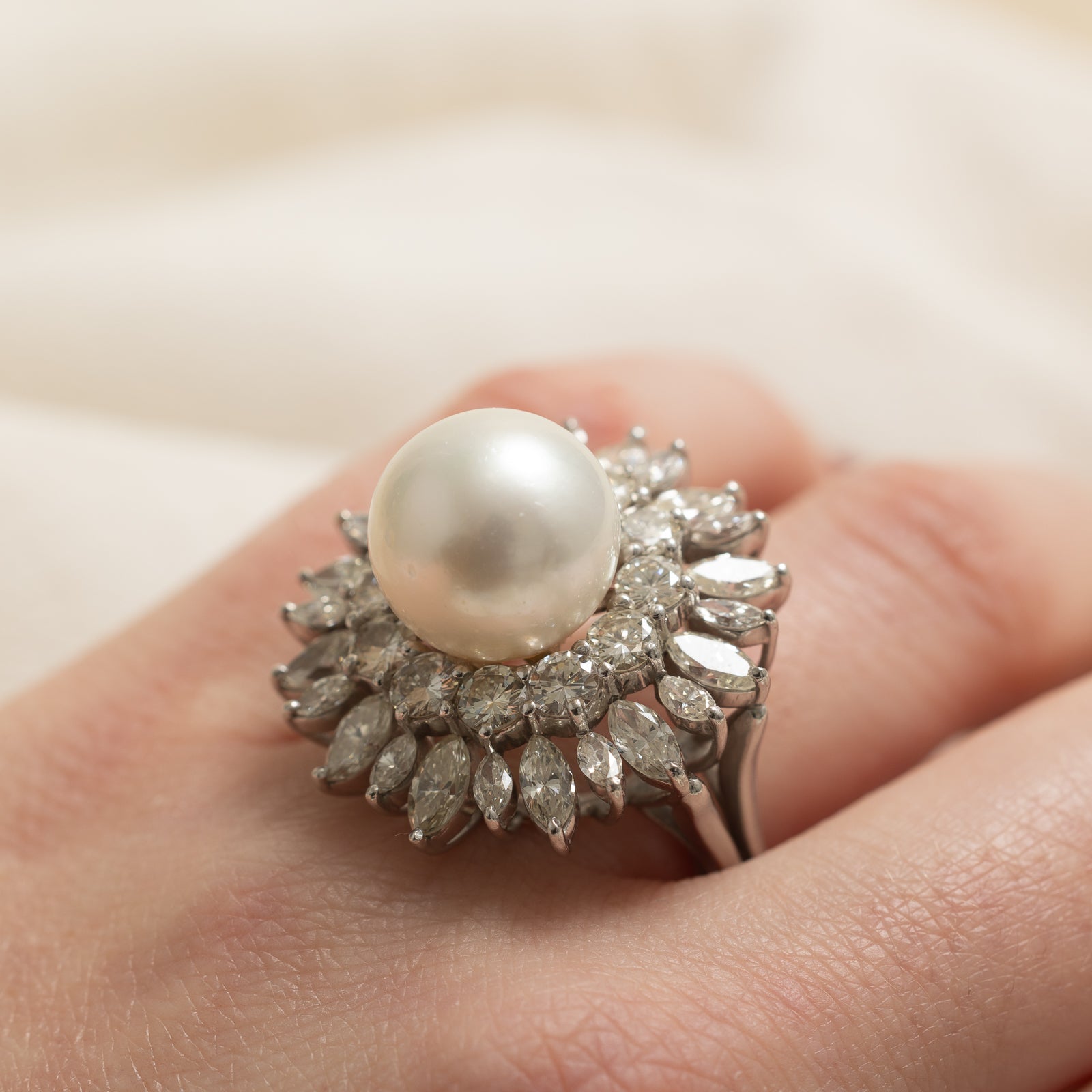 Elegant 12.50mm Pearl & Diamond Cocktail Ring | 4.92 Carat Total Weight | Size 8 | Perfect for Evening Parties, Weddings & Special Occasions
