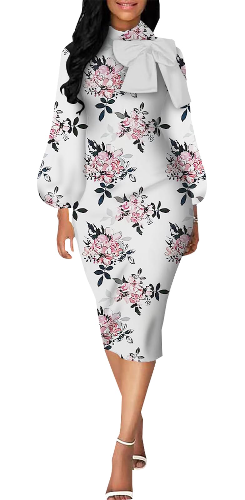 Best Women's Bishop Sleeve Bodycon Dress - Floral Print Pencil Midi Dress for Work & Casual Wear | Office Outfit, Date Night, Party & Special Occasions