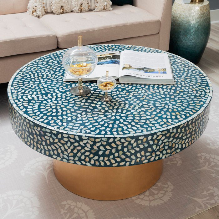 Handmade Blue & White Inlay Round Coffee Table - Elegant Living Room Center Table for Home Decor, Perfect for Lounges, Living Rooms & Offices