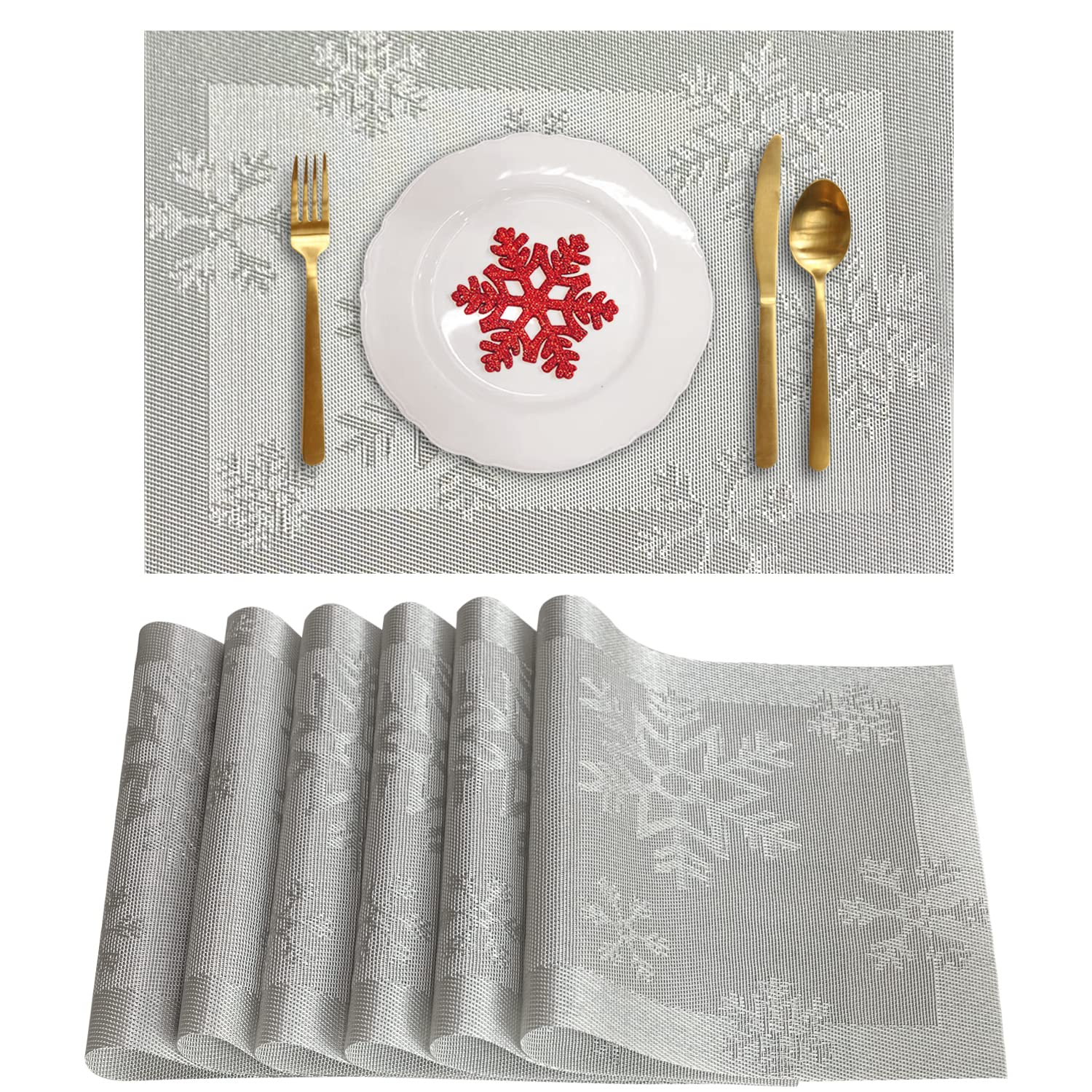 6-Piece Christmas Placemats Set - Woven Vinyl Non-Slip Washable Table Mats for Kitchen Dining, Anti-Skid Holiday Decor (Snow Silver) | Perfect for Festive Dinner Parties & Family Gatherings