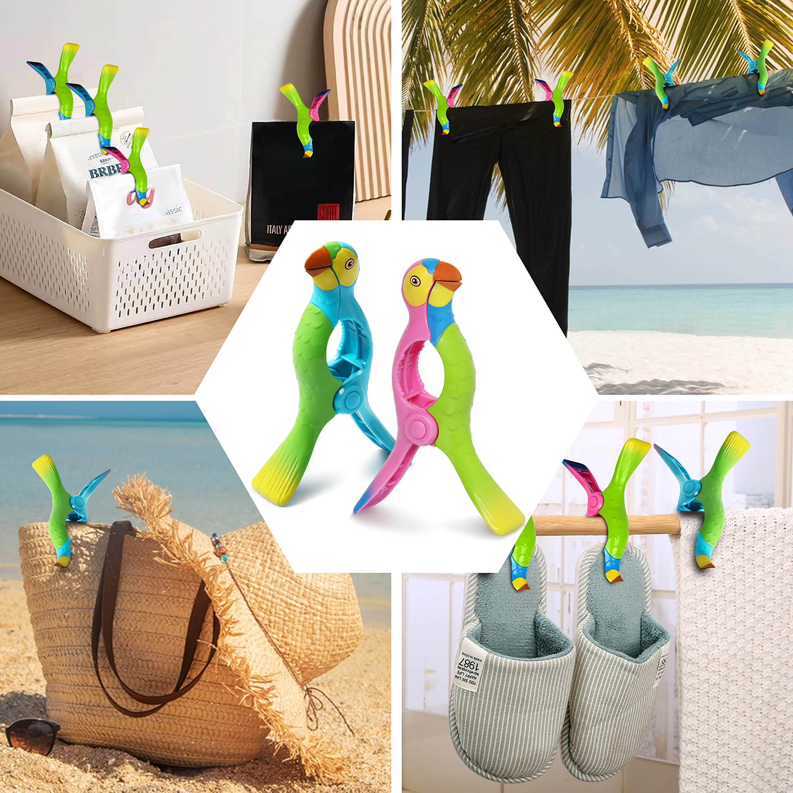 Kaluofan 4PCS Strong Parrot-Shaped Beach Towel Clips for Chairs - Vivid Blue & Pink - Perfect for Poolside, Beach, and Outdoor Relaxation