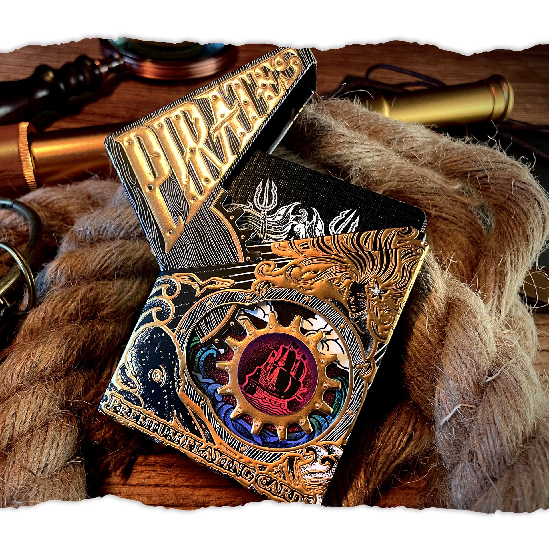 Pirate Themed Playing Cards - Night Edition with Mechanical Gear Box - Perfect for Game Nights, Magic Tricks & Collectors